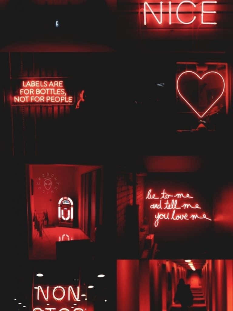 Aesthetic Grunge Phone 桌布 壁紙 — 暗黑房間中紅色霓虹燈牌的拼貼，展示心形和點唱機等短語和符號。