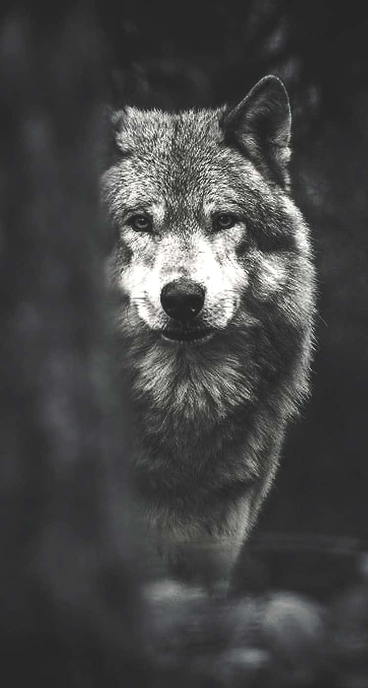 Wolf iPhone 桌布 壁紙 — 暗黑森林中，一隻狼在模糊樹幹後凝視的單色特寫。