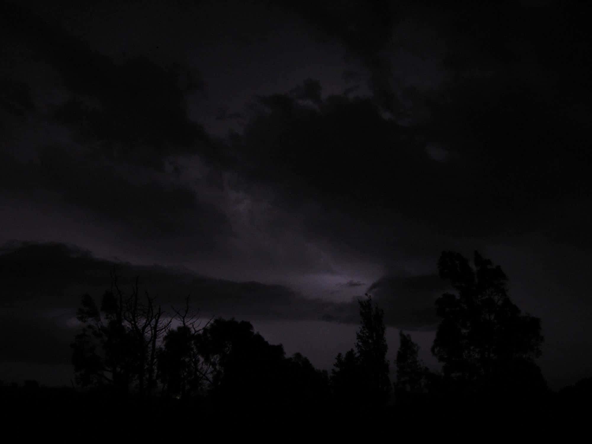 Stormy 桌布 壁紙 — 暗黑風暴雲籠罩著剪影樹木，夜空中有微弱的紫色閃電光芒。