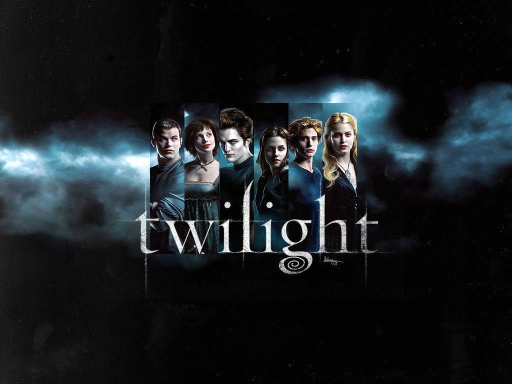 Twilight Aesthetic 桌布 壁紙 — 《暮光之城》中的六個角色以剪影形式站在暴風雲和發光的藍色閃電前。