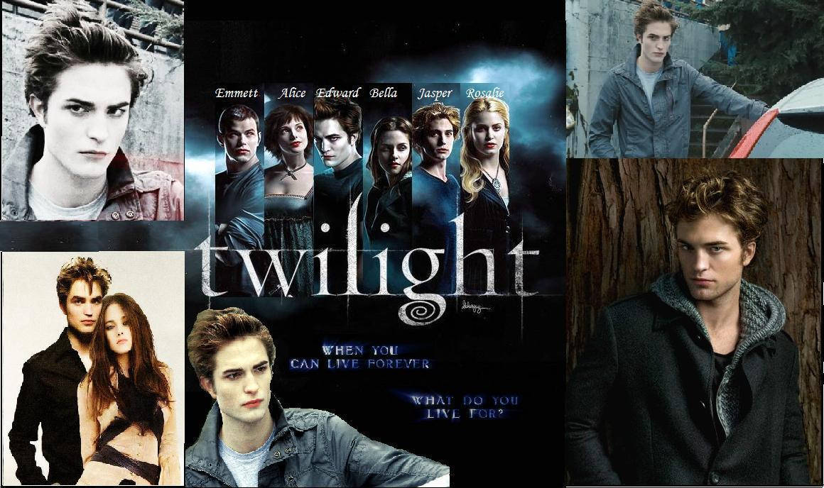 Twilight Aesthetic 桌布 壁紙 — 《暮光之城》電影角色拼貼，包括愛德華·庫倫在都市和森林背景下各種憂鬱姿勢。