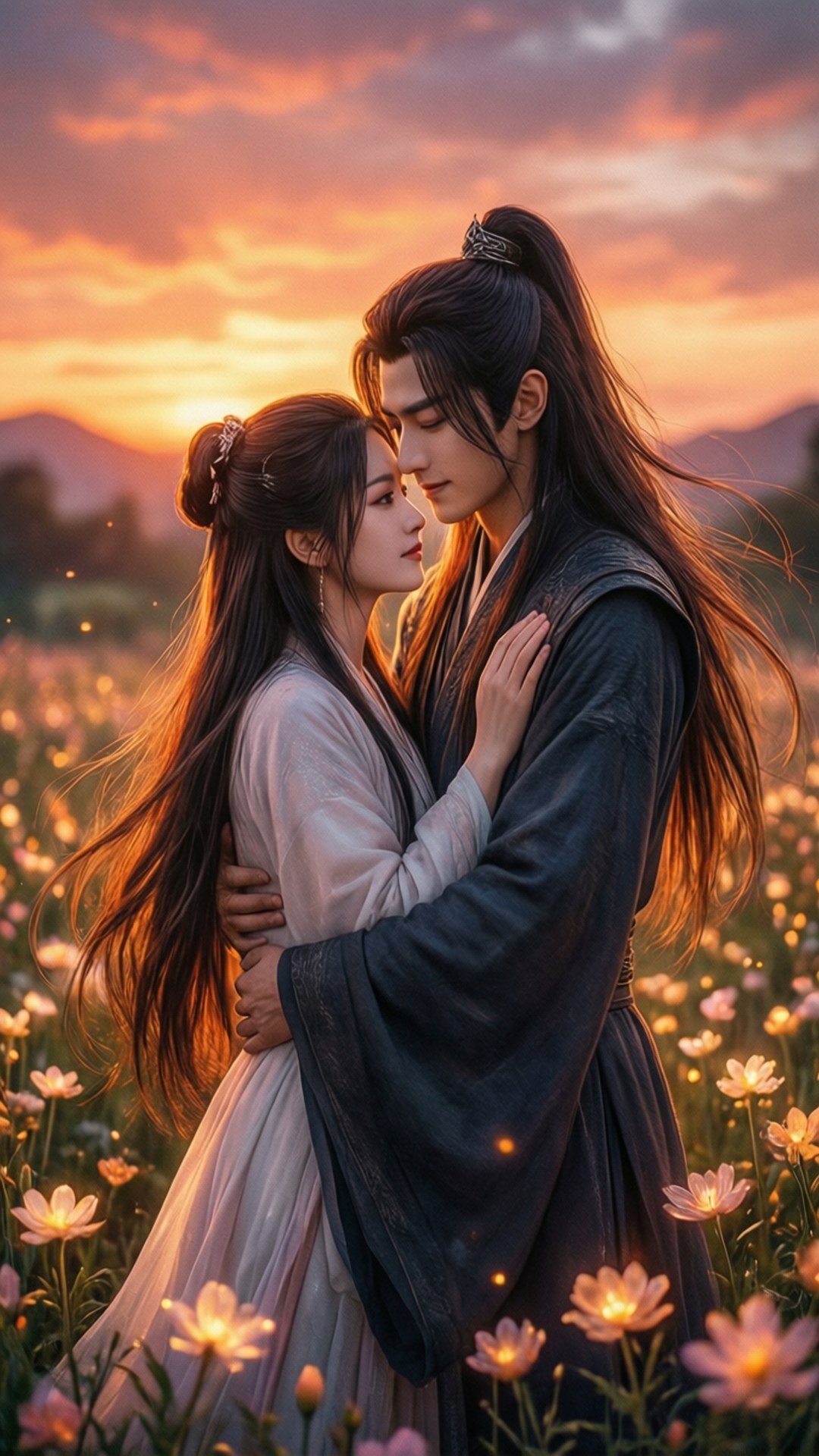 暮光擁抱 壁紙 — 一對穿著傳統長袍的情侶在日落時分，在閃爍著光芒的花田裡溫柔擁抱。