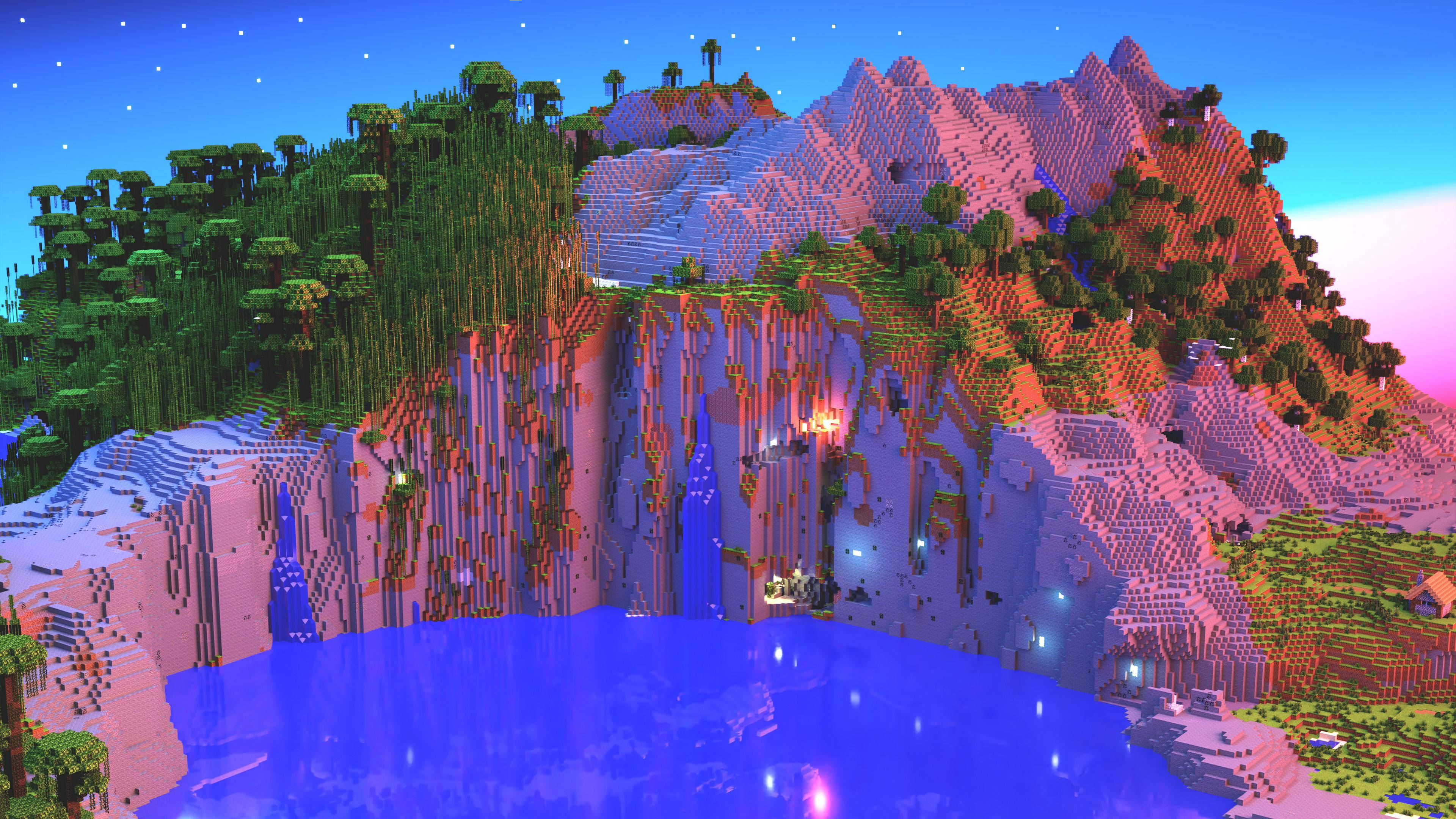 山景 桌布 壁紙 — 暮色下充滿活力的Minecraft景觀，有像素化的山脈、森林和星空下閃閃發光的藍色湖泊。