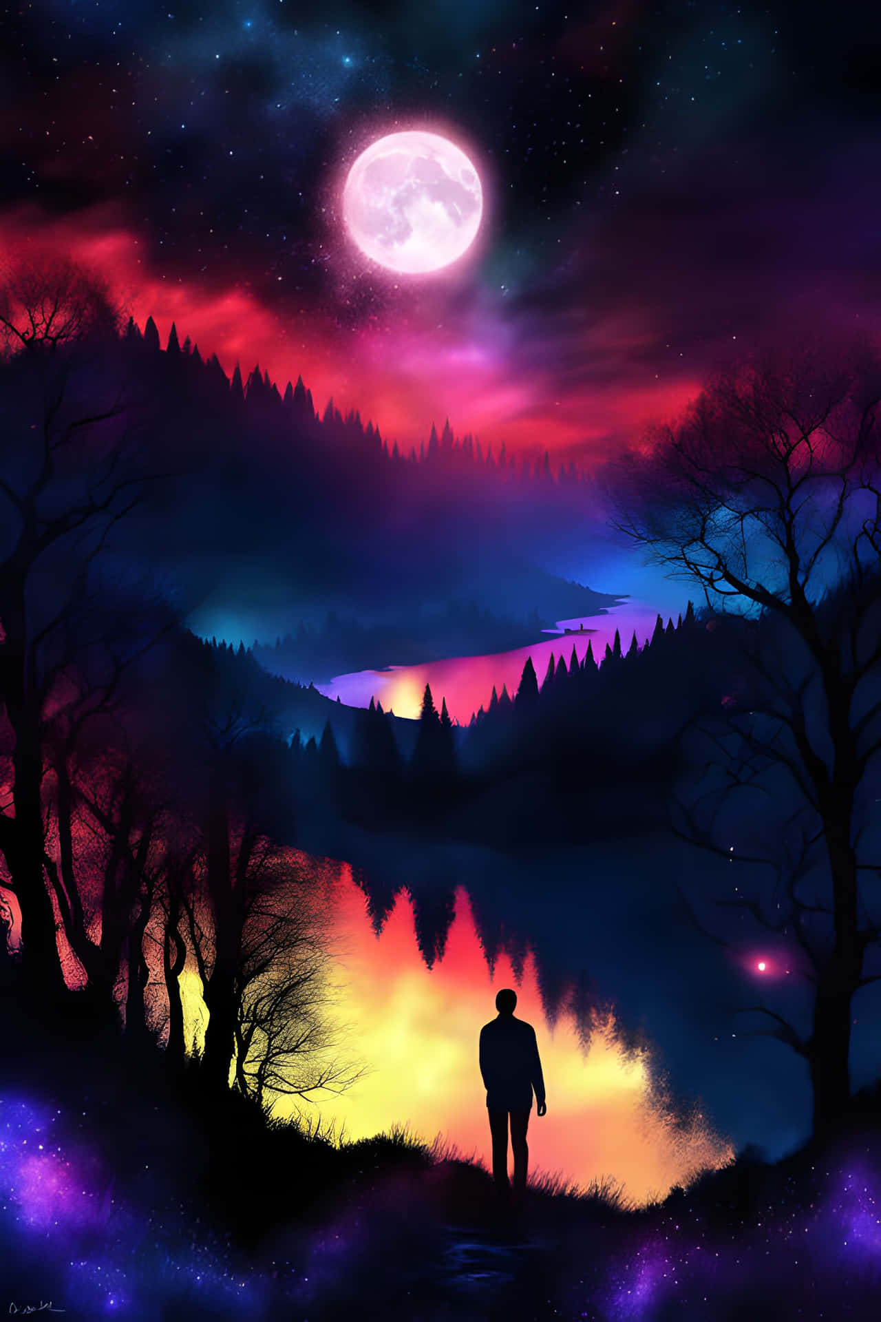 Man Contemplating the Moonlit Night Over a Colorful Landscape 壁紙 — 暮色中，一個孤獨的身影站在山丘上，頭頂是明亮的滿月，鮮豔的紫色、粉紅色和藍色雲彩倒映在寧靜的湖面上，四周環繞著黑暗的樹木剪影。