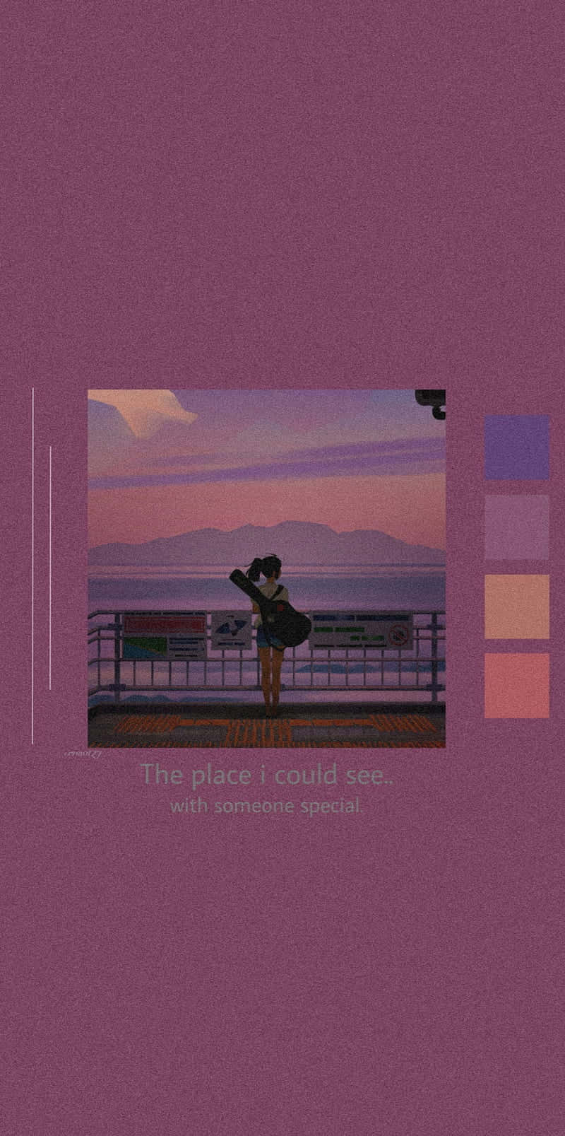 Lofi Anime 桌布 壁紙 — 暮色中，一個孤獨的身影站在碼頭上，懷抱吉他，背景是柔和的紫粉色天空和遠山。