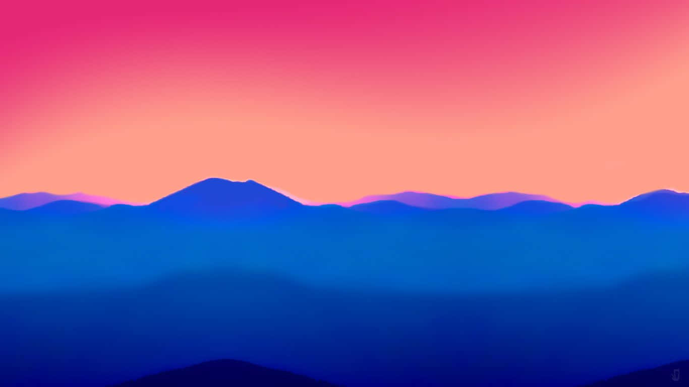 1366x768 Minimalist 桌布 壁紙 — 暮色中，層疊的藍色山脈剪影上方，呈現充滿活力的粉紅與橙色天空漸變。