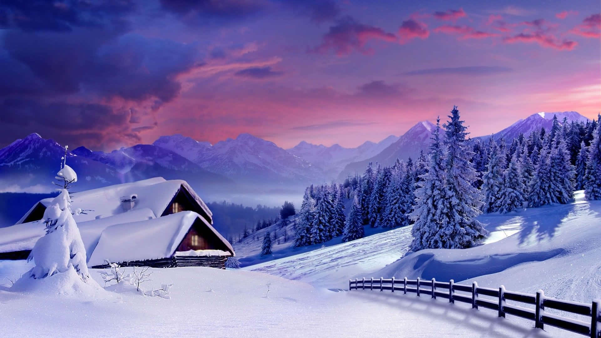 Snowy Landscape 桌布 壁紙 — 暮色中，山谷裡一間舒適的雪覆蓋小屋，天空呈現鮮豔的紫色和粉紅色。