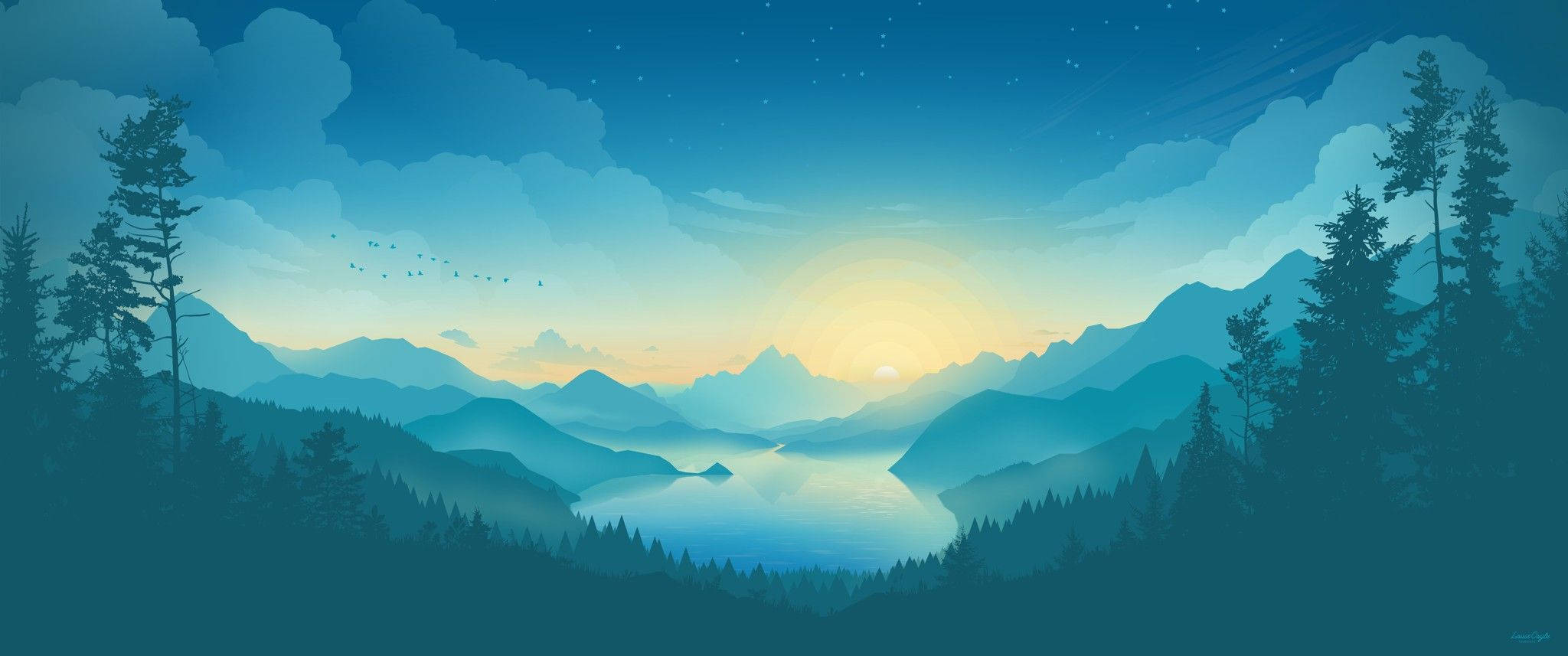 Mountain Landscape 桌布 壁紙 — 暮色中，松樹環繞的寧靜山間湖泊，星空下，地平線上有發光的太陽。