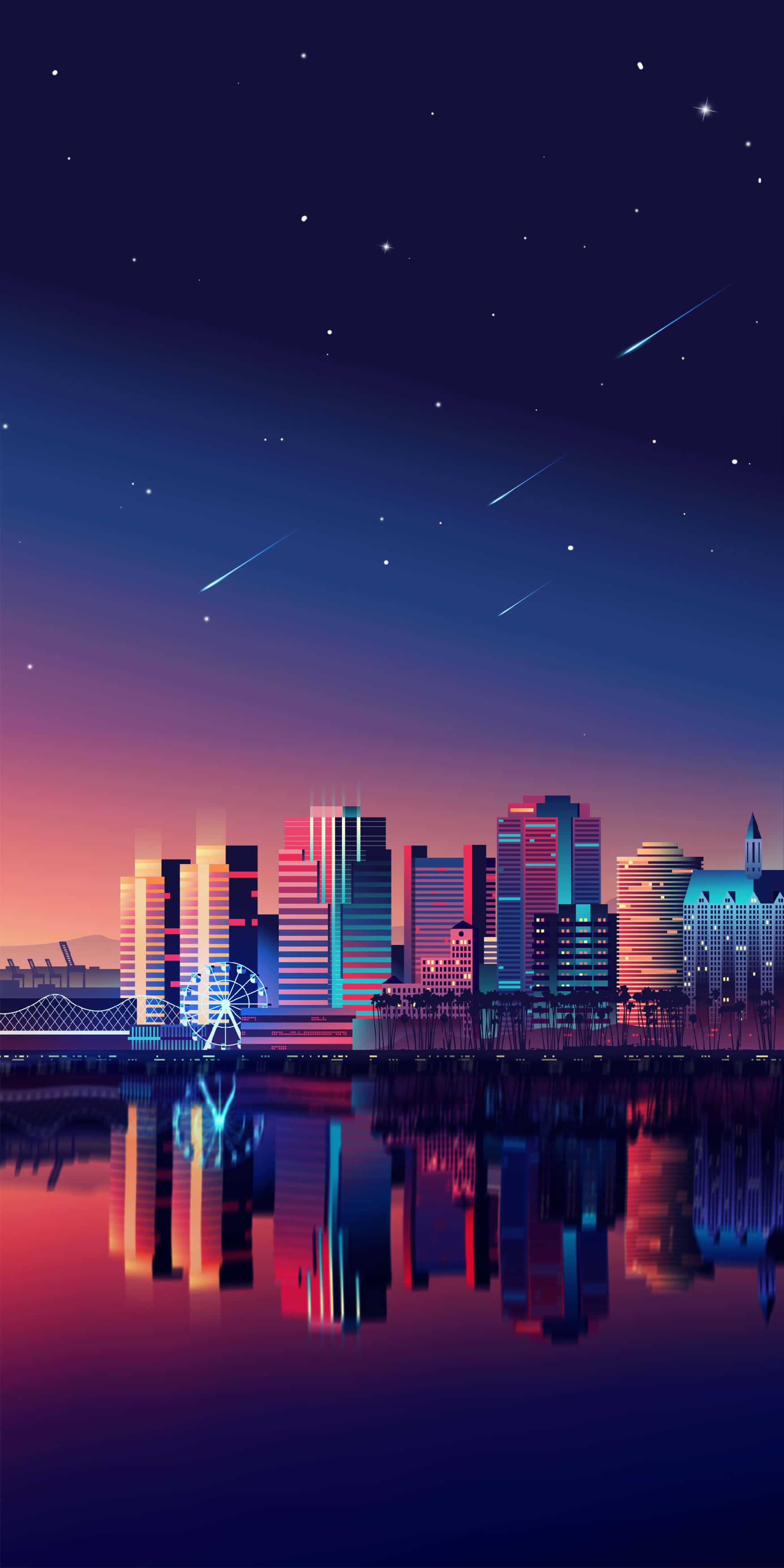 桌布 壁紙 — 暮色中充滿活力的霓虹城市天際線，平靜水面倒映著星軌和流星。