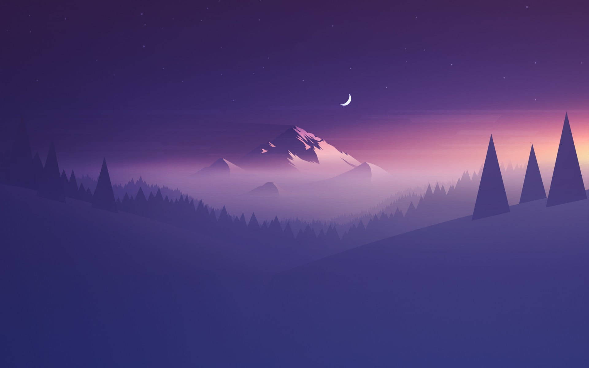 vector 桌布 壁紙 — 暮色中寧靜的山景，一彎新月和星空籠罩著霧氣繚繞的山峰和松樹。