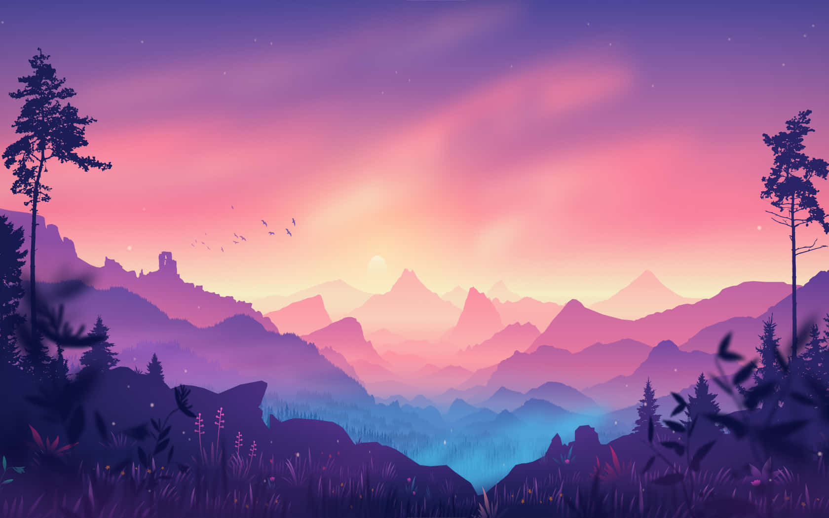 桌布 壁紙 — 暮色中寧靜的山景，層層疊疊的山峰在星空下閃耀著粉紅和紫色調。