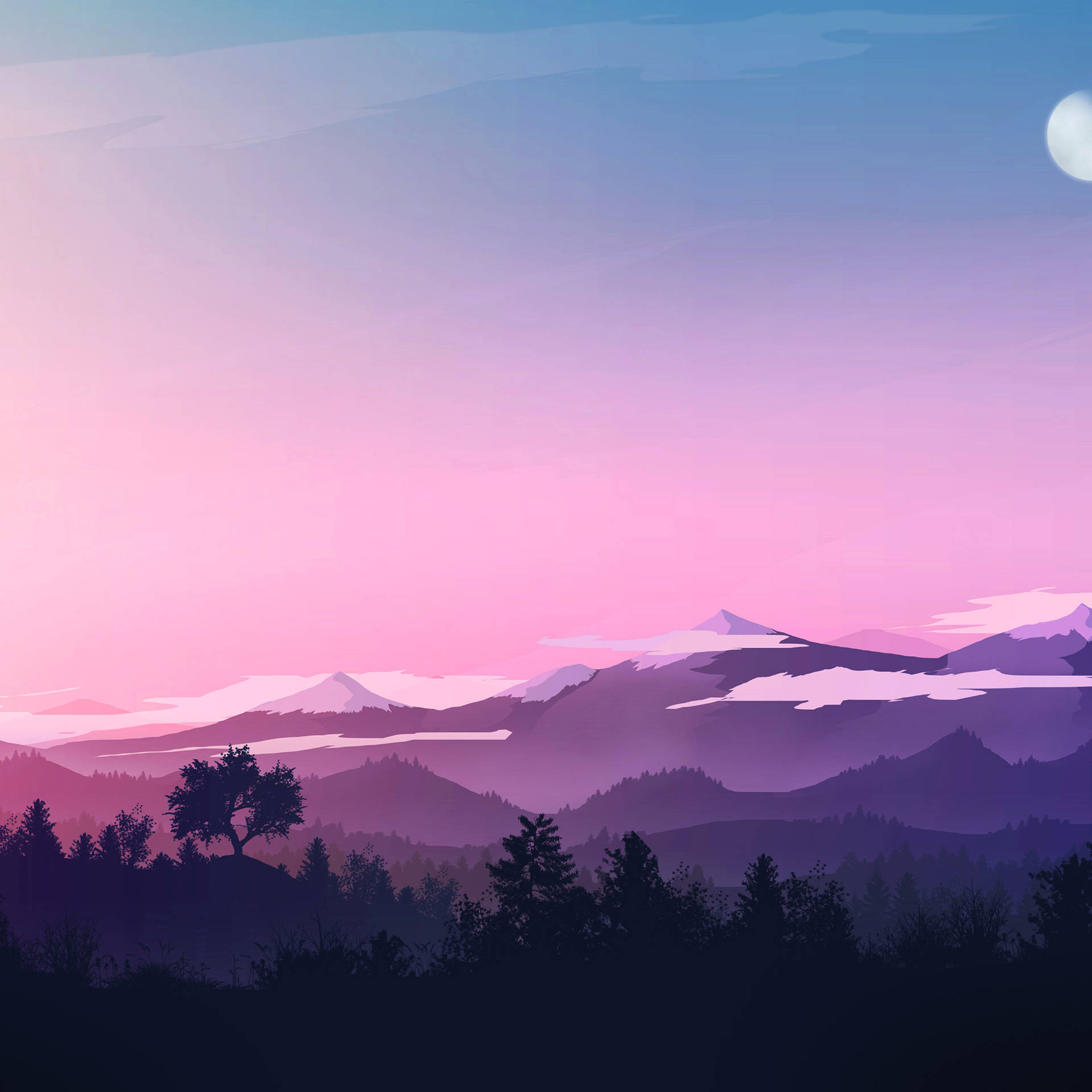 暮色中紫色、粉紅色和藍色的山景，伴隨著一輪發光的月亮。 — 4K iPad 壁紙 壁紙