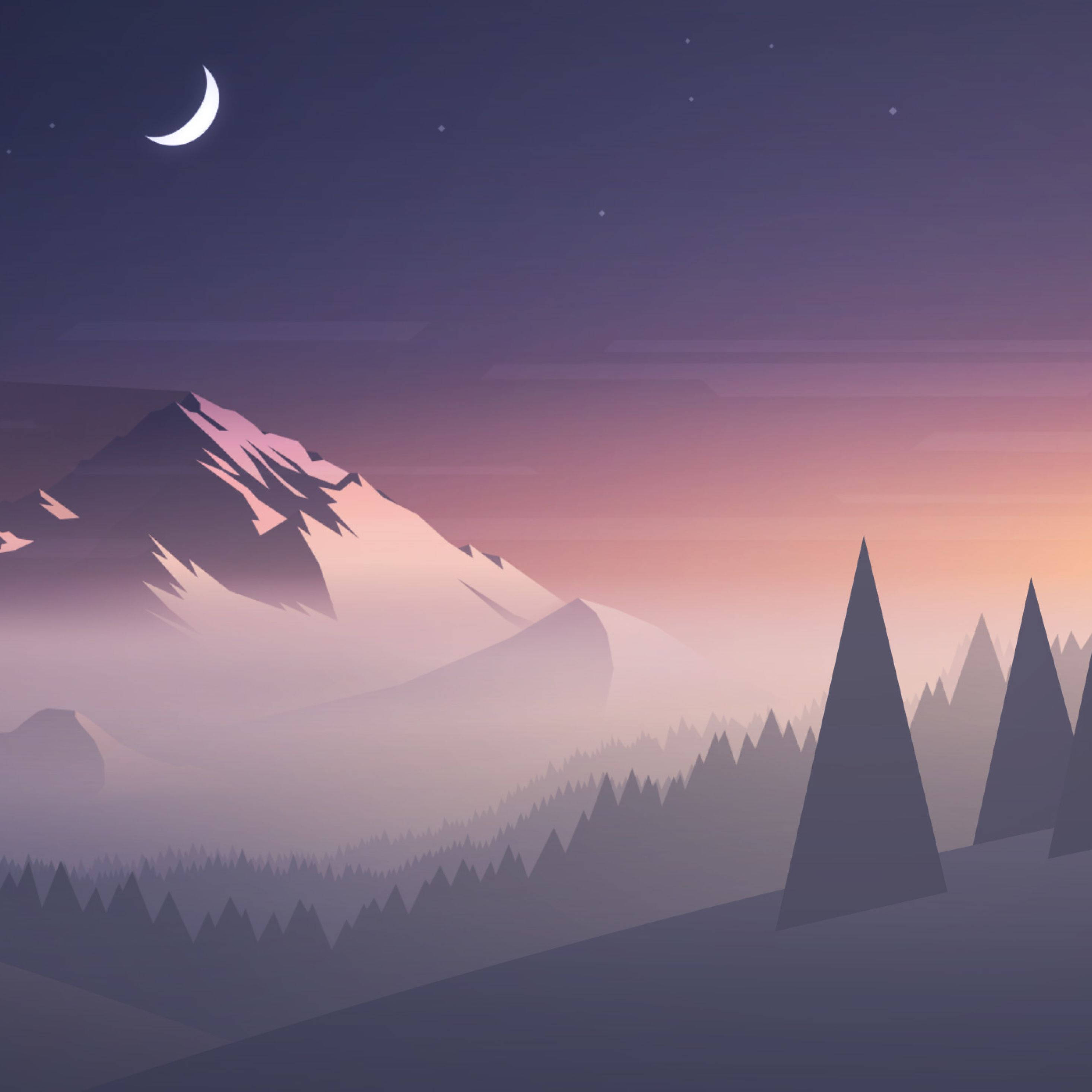 夜空 桌布 壁紙 — 暮色中寧靜的山景，新月和星星籠罩在霧氣繚繞的山峰和剪影般的松樹之上。