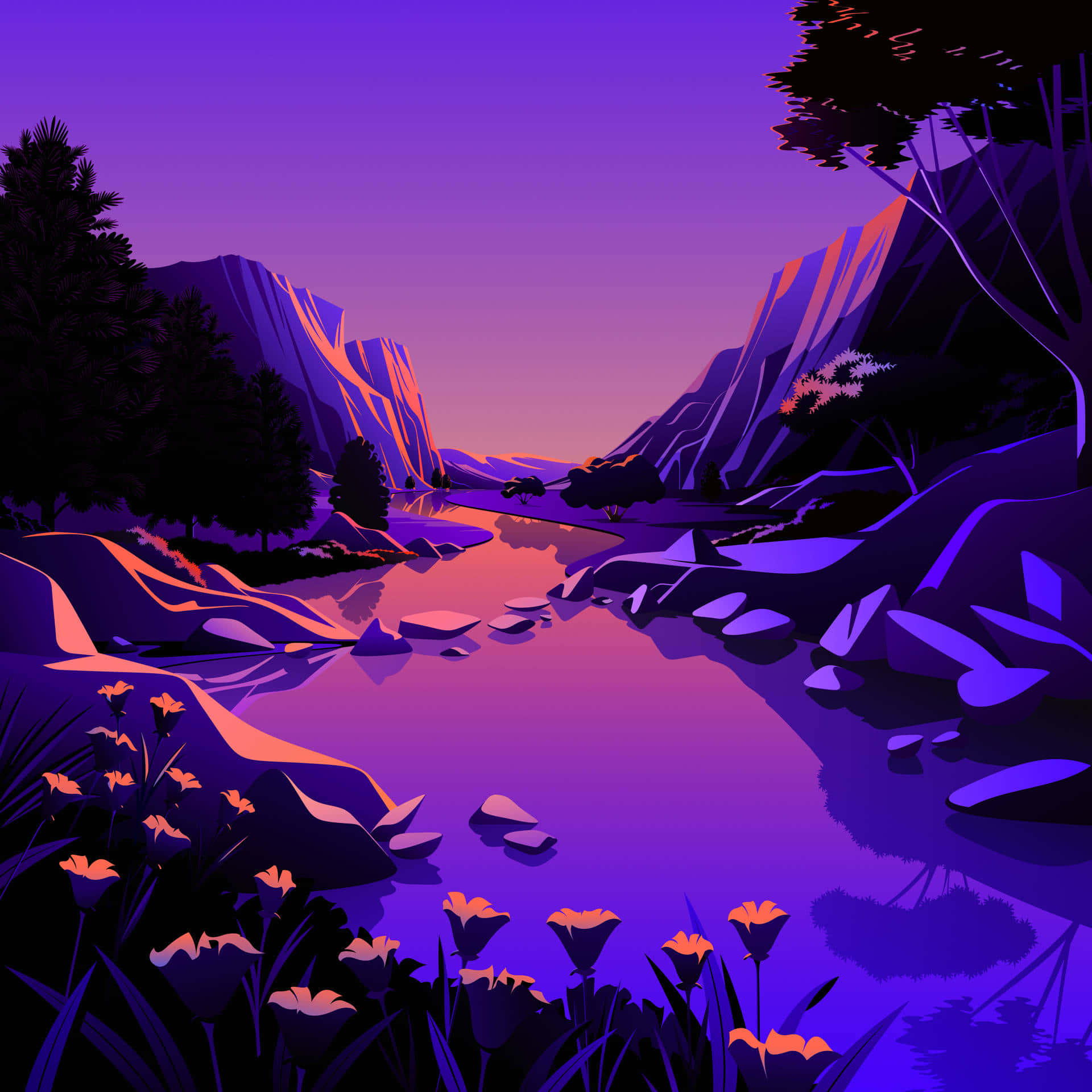 macOS Big Sur 動態桌布 桌布 壁紙 — 暮色中寧靜的山谷，發光的河流蜿蜒於紫色山脈與橙色花朵之間。
