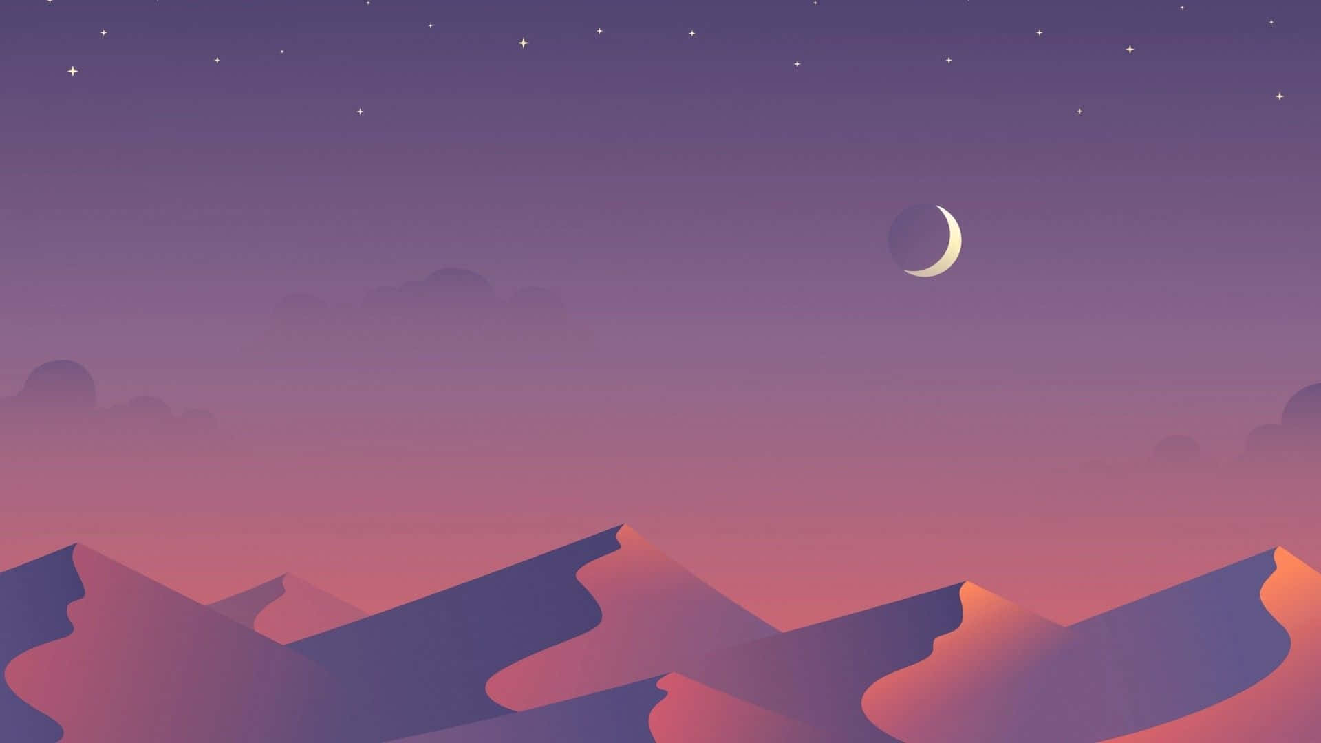 Minimal Art 桌布 壁紙 — 暮色中寧靜的沙漠景觀，帶有紫色和粉紅色調，輪廓分明的沙丘，一彎新月和散落的星星。