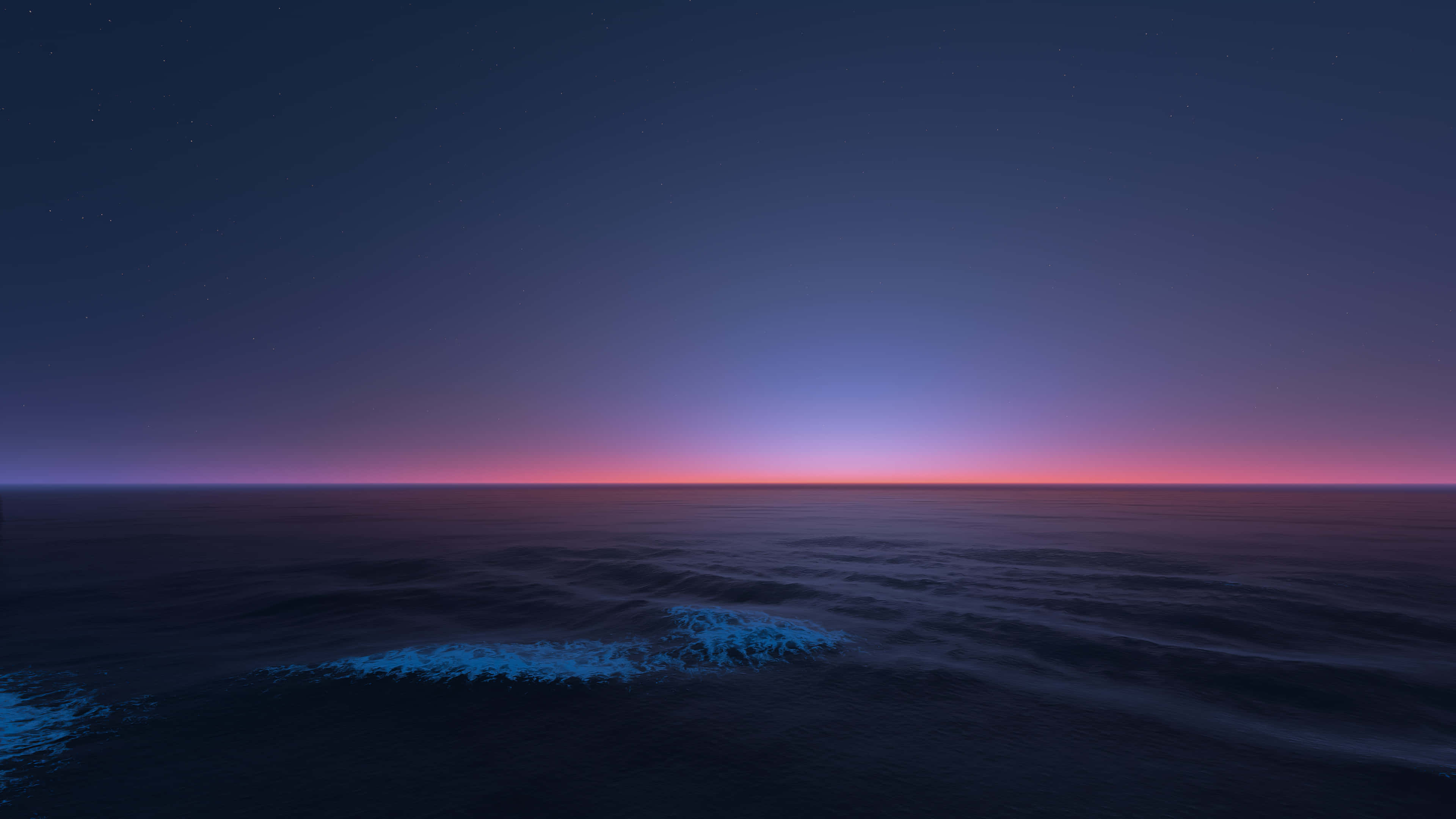 Beautiful Ocean 桌布 壁紙 — 暮色中寧靜的海洋，深藍與粉紅漸變的天空映照在平靜的水面上。