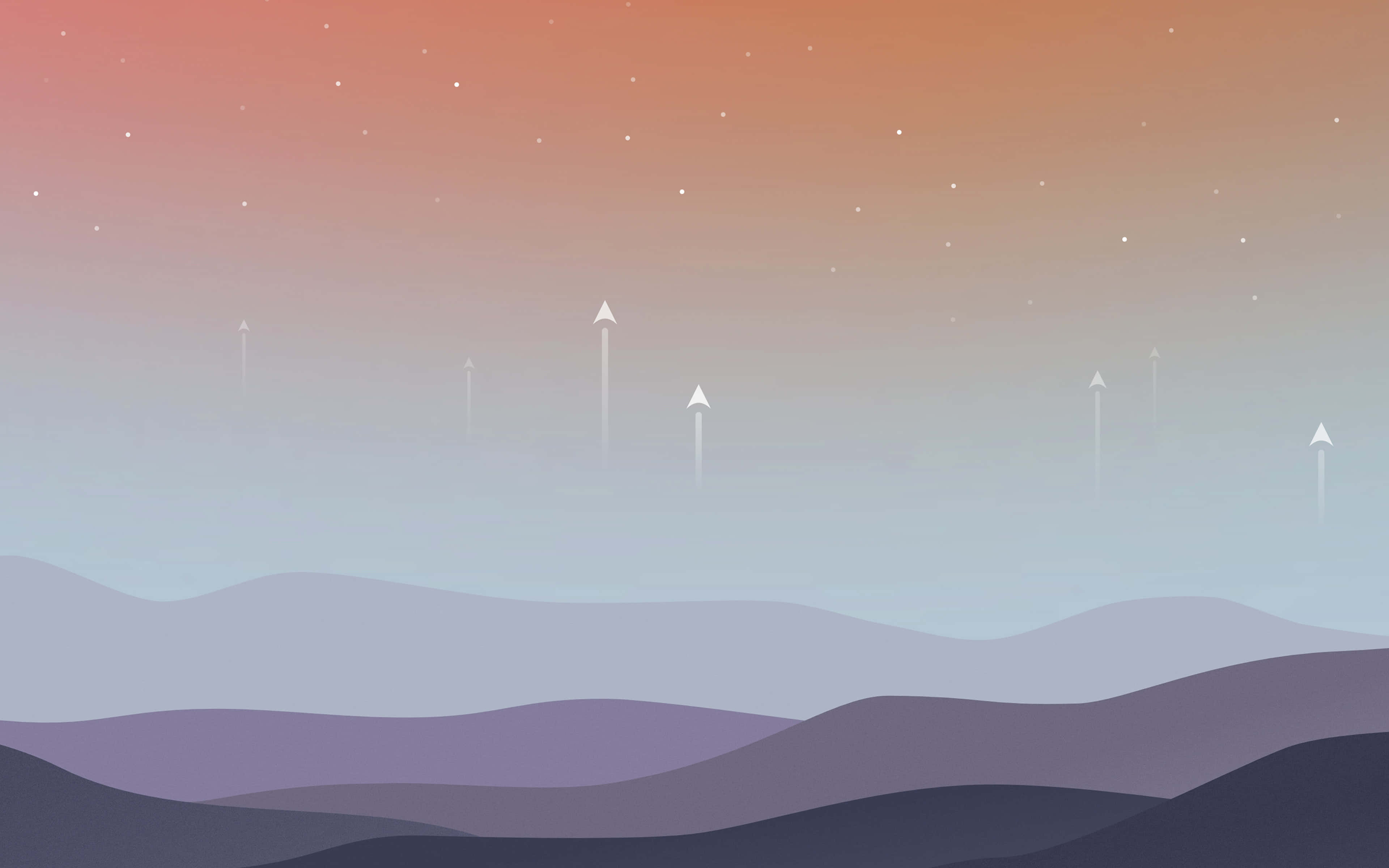 Minimalist Space 桌布 壁紙 — 暮色中層疊的紫色山脈上空，柔和漸變的天空中點綴著星星和向上的箭頭。