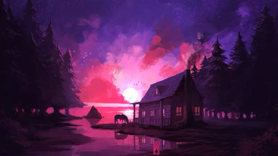 4K 桌布 壁紙 — 暮色中湖邊的一座孤獨小屋，一匹馬在充滿活力的紫色和粉紅色天空下吃草。