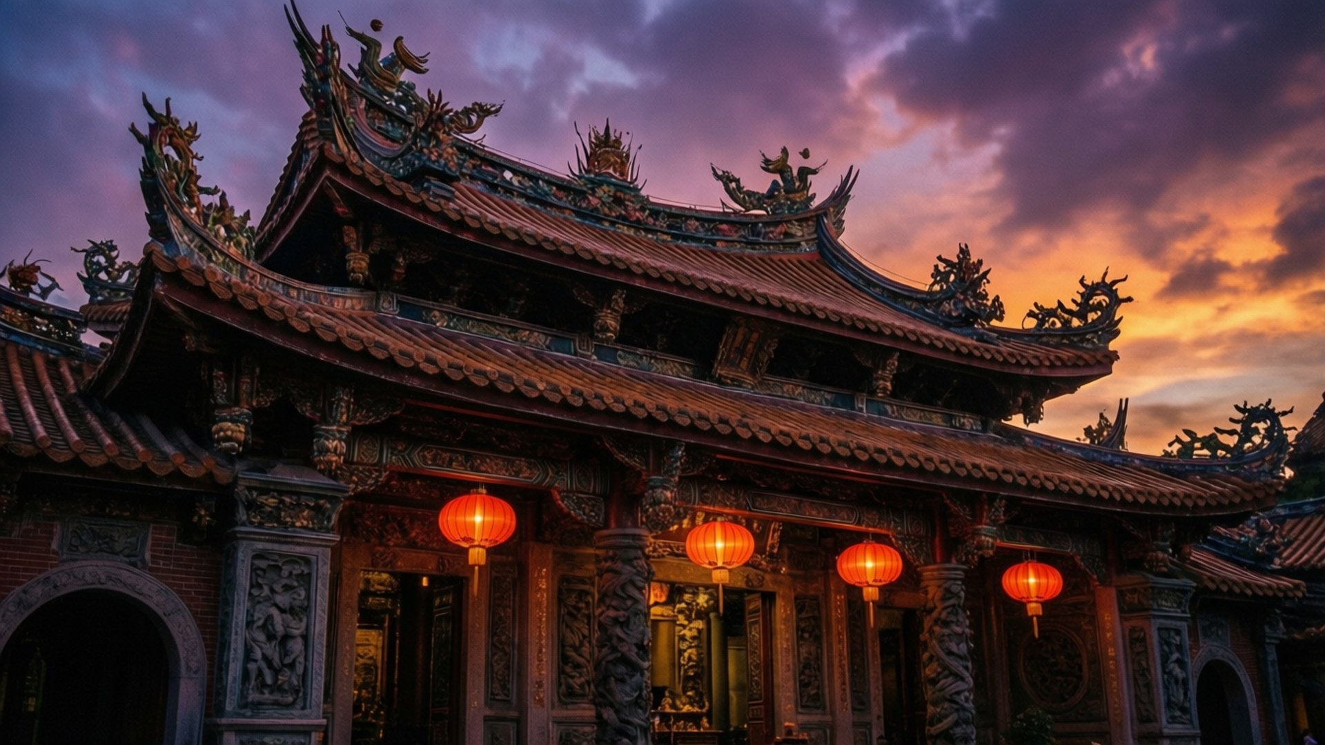 暮色中的寺廟燈籠 壁紙