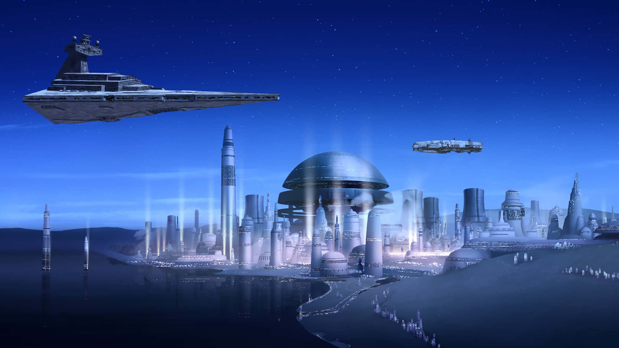 Coruscant 桌布 壁紙 — 暮色中的未來太空城市，高聳的圓頂和飛行的星艦在繁星點點的藍色天空下。