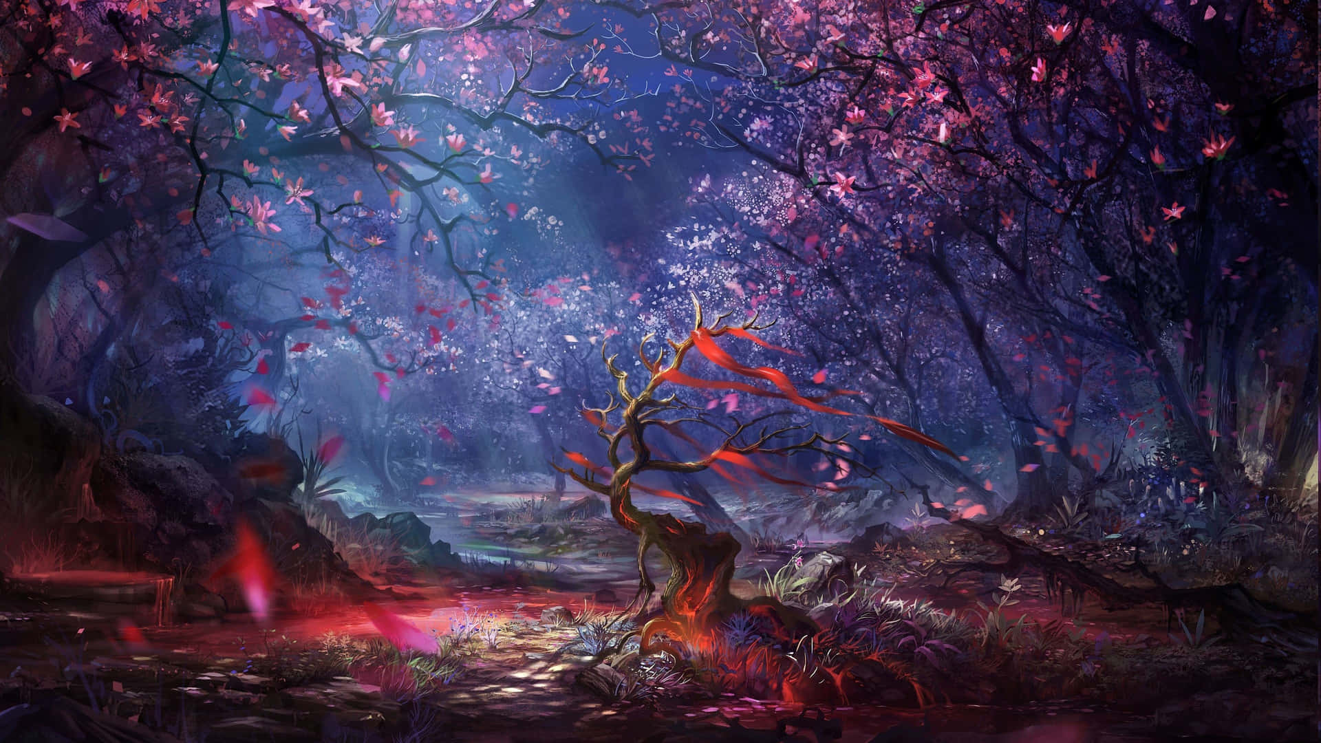 暮色中帶有發光紅色絲帶和粉紅花朵的神秘森林。 — 4d 壁紙