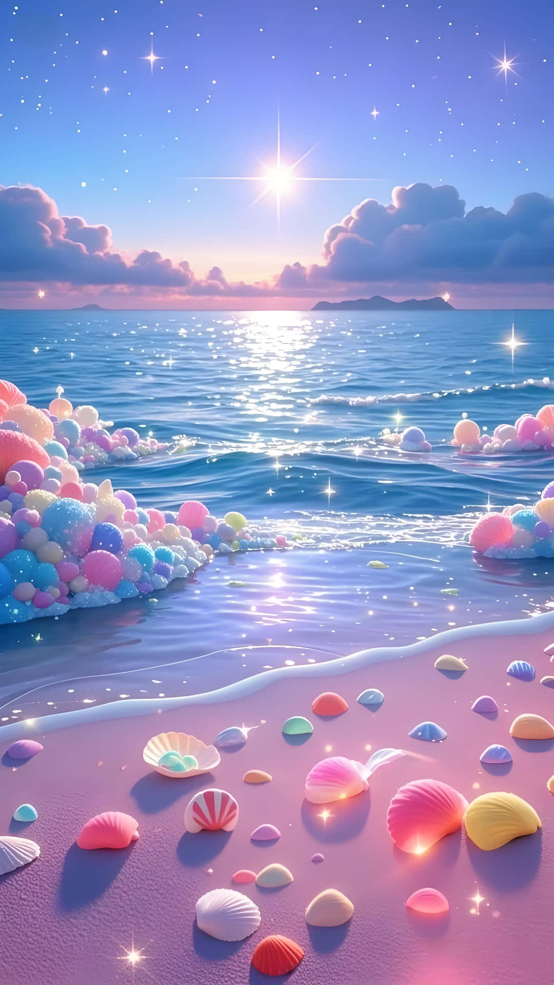 Starry Sunset: Colorful Shell Coast Healing Art 壁紙 — 暮色中的超現實海灘，閃爍的粉彩貝殼和波光粼粼的水面，星空下。