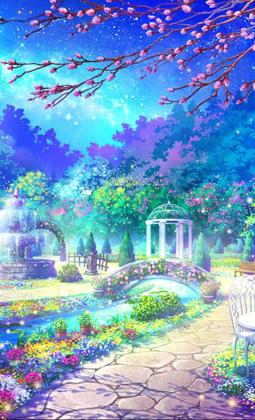 Beautiful Anime 桌布 壁紙 — 暮色中的魔法花園，盛開的櫻花在星空下閃爍，映照著石徑和噴泉。