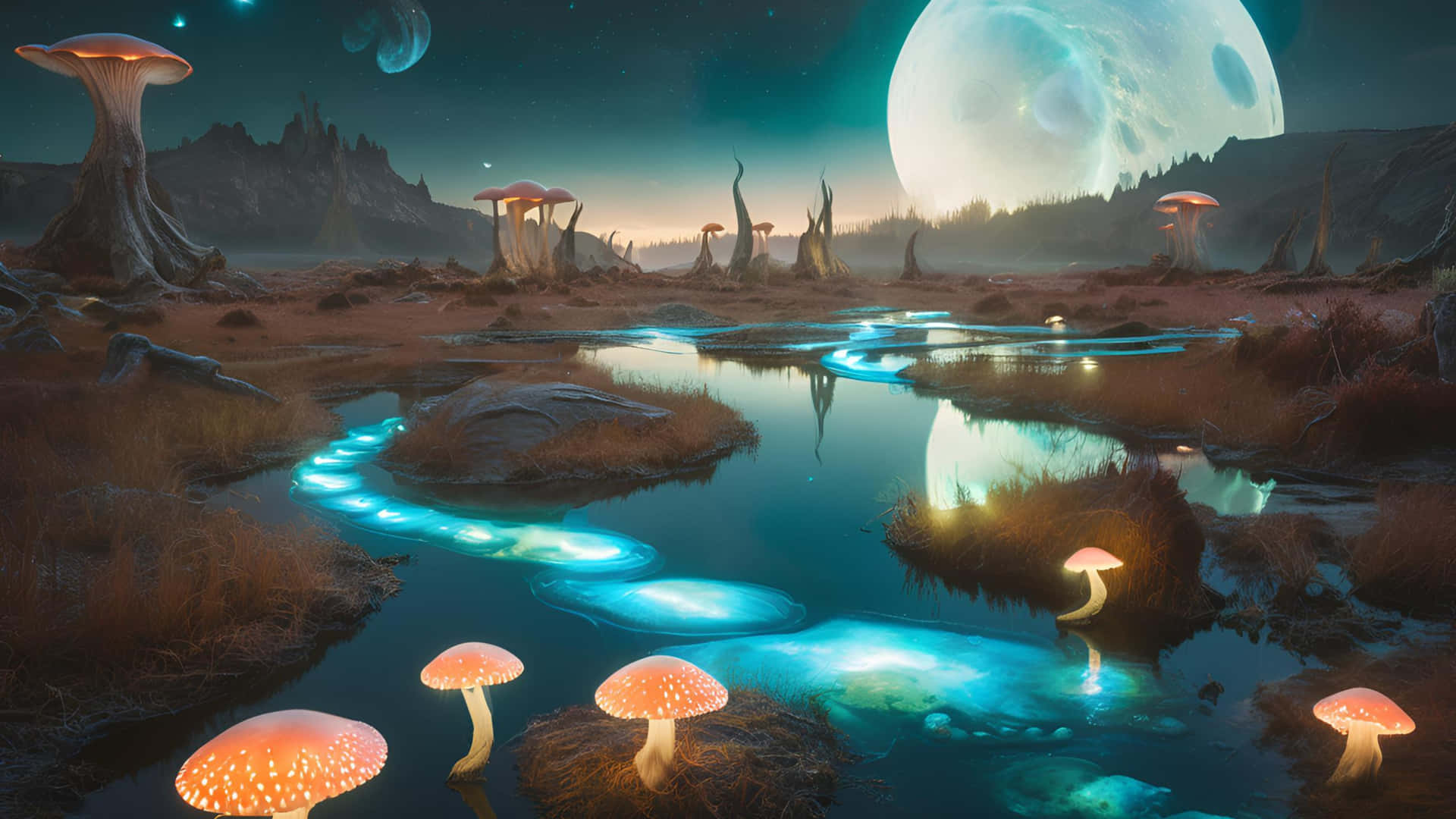 Surreal Bioluminescent Landscape with Twin Moons 壁紙 — 暮色中超現實的外星景觀，有發光的藍色水道和生物發光蘑菇，在巨大月亮下。