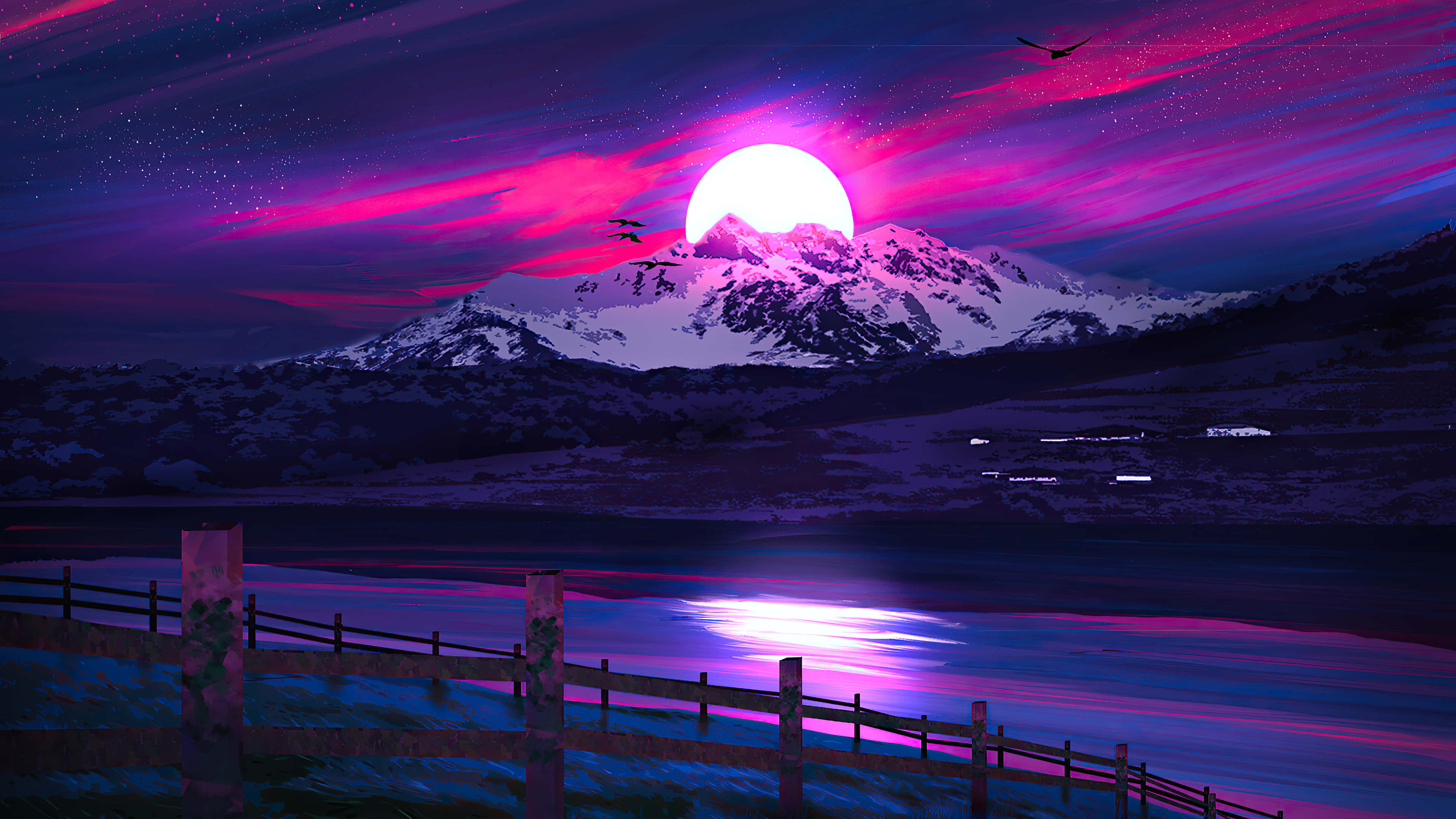 Blue And Purple 桌布 壁紙 — 暮色中超現實的山景，星空下平靜的湖面倒映著發光的粉紅色月亮。