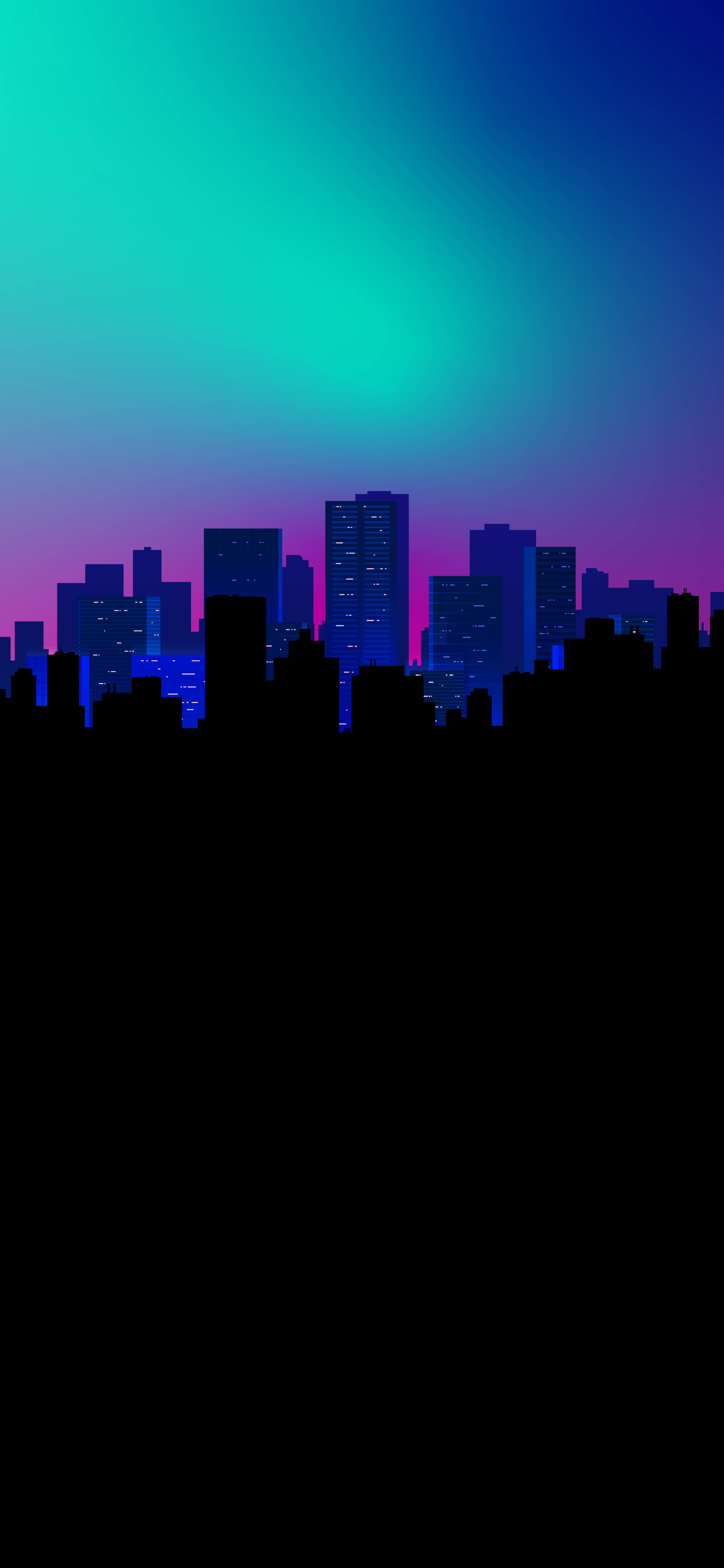 City Art 桌布 壁紙 — 暮色中霓虹燈閃爍的城市天際線，發光的摩天大樓映襯著青綠、紫和藍色的漸變天空。
