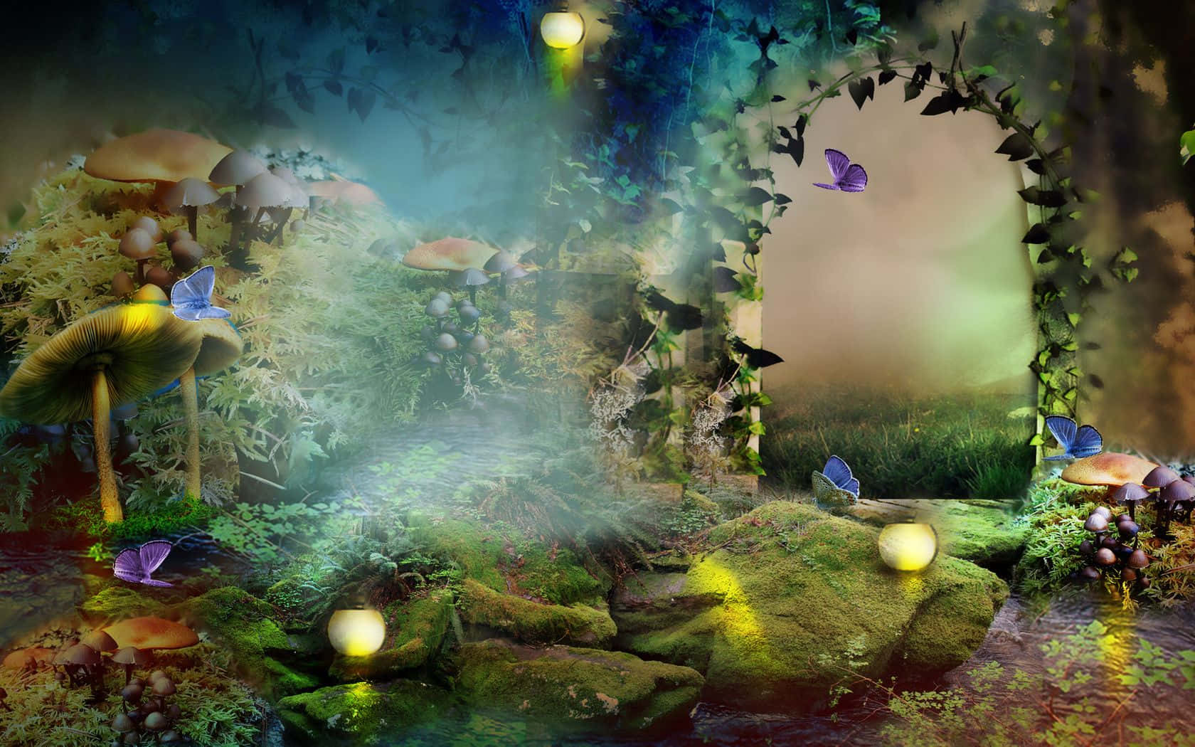 Enchanted Forest 桌布 壁紙 — 暮色天篷下，一個神秘的森林空地，有發光的球體蘑菇和蝴蝶。