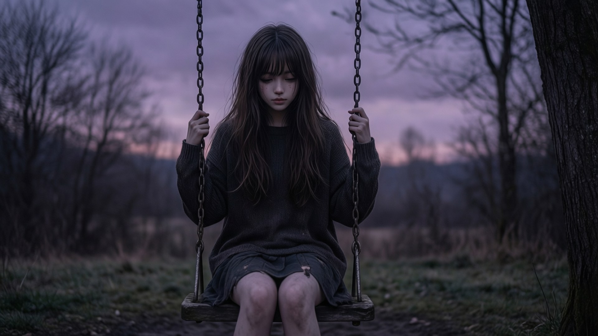 暮色孤單鞦韆 壁紙 — 一個年輕女孩獨自坐在光禿禿的森林中黃昏時的木鞦韆上，她低垂的目光在紫色暮色天空下反映出靜靜的憂鬱。