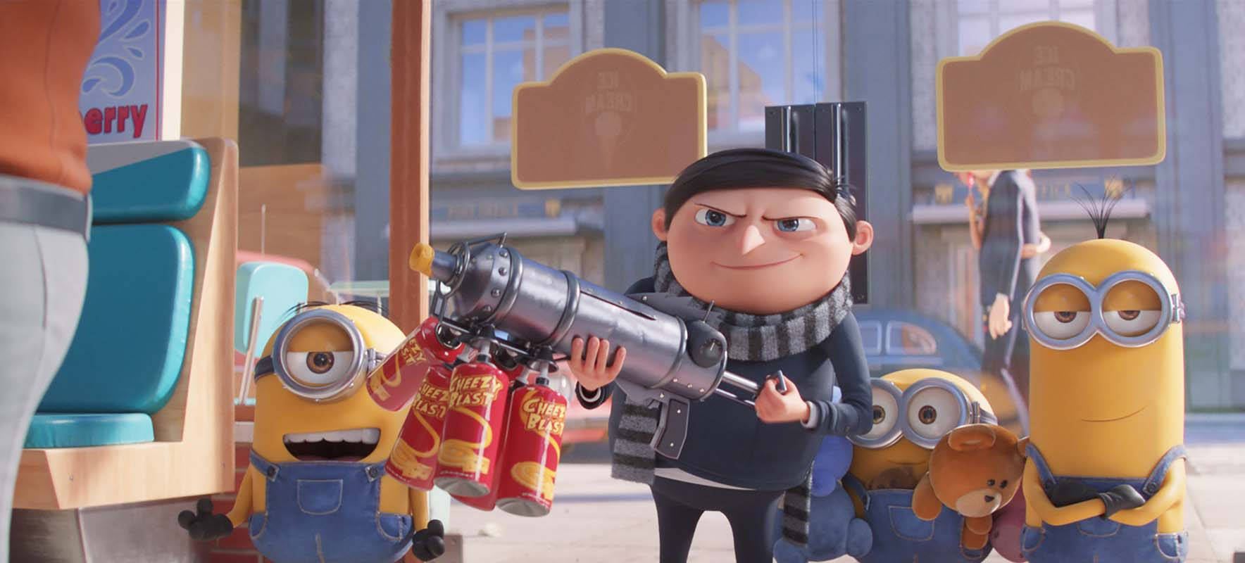 gru 桌布 壁紙 — 暴躁的格魯手持裝滿紅色罐子的巨型武器，被歡樂的黃色小小兵包圍在明亮的咖啡廳環境中。