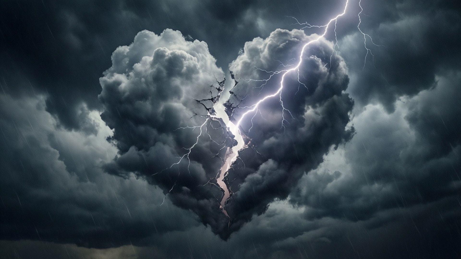 暴風之心閃電 壁紙 — 在黑暗多雨的天空下，一道鋸齒狀閃電劈開了一朵暴風雨中的心形雲。