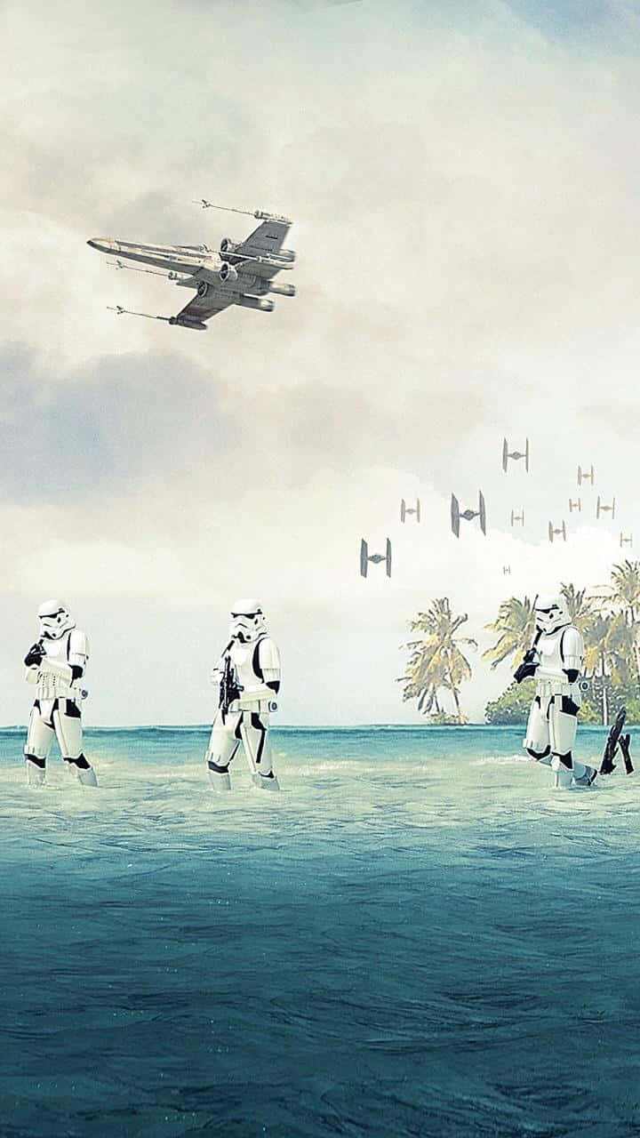 Scarif 桌布 壁紙 — 暴風兵在淺海水中涉水而行，X翼和TIE戰鬥機在棕櫚樹附近飛過頭頂。
