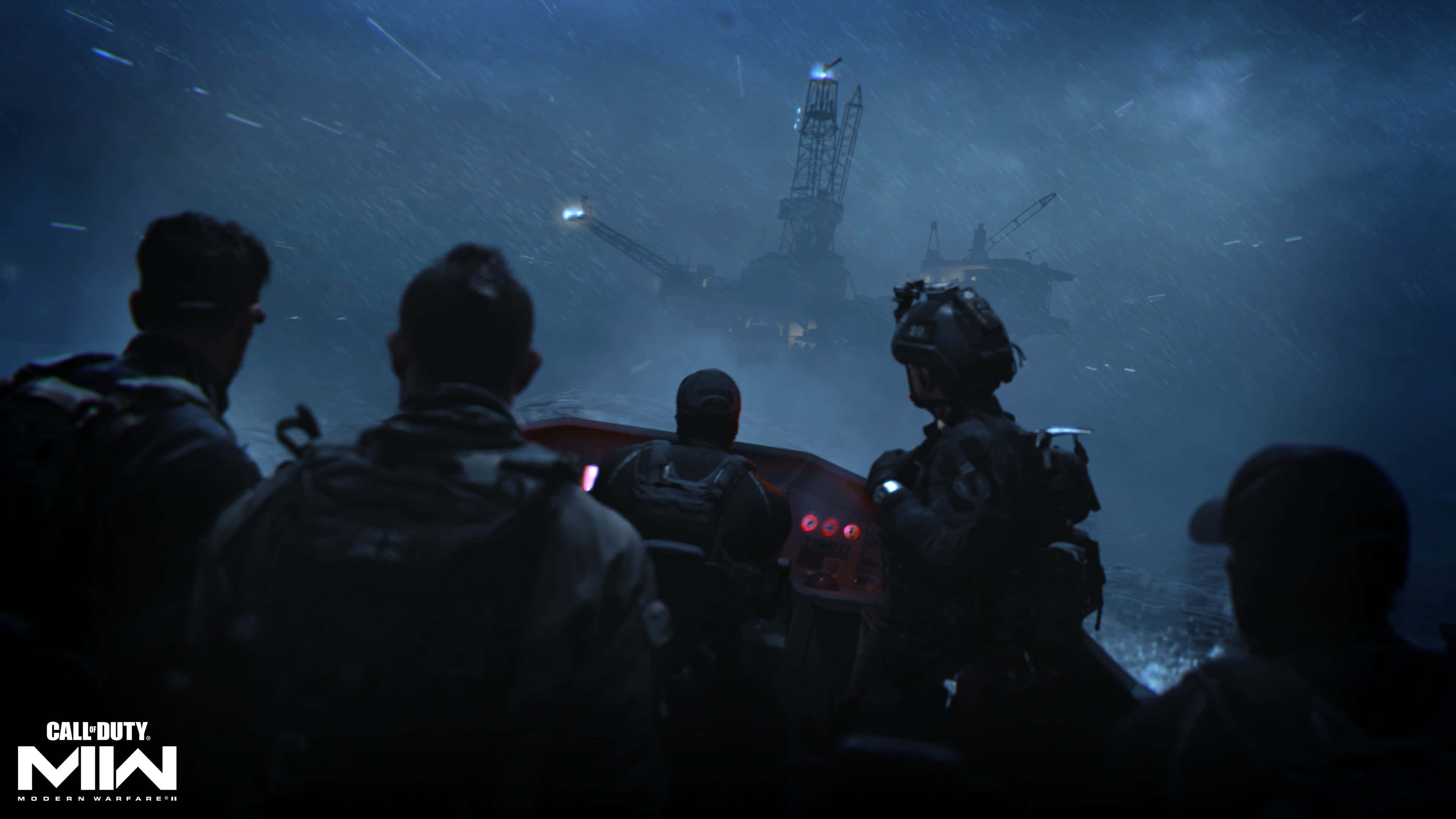 使命召喚 桌布 壁紙 — 暴風雨之夜，船上剪影士兵在暴雨和強風中接近遠處的石油鑽井平台。