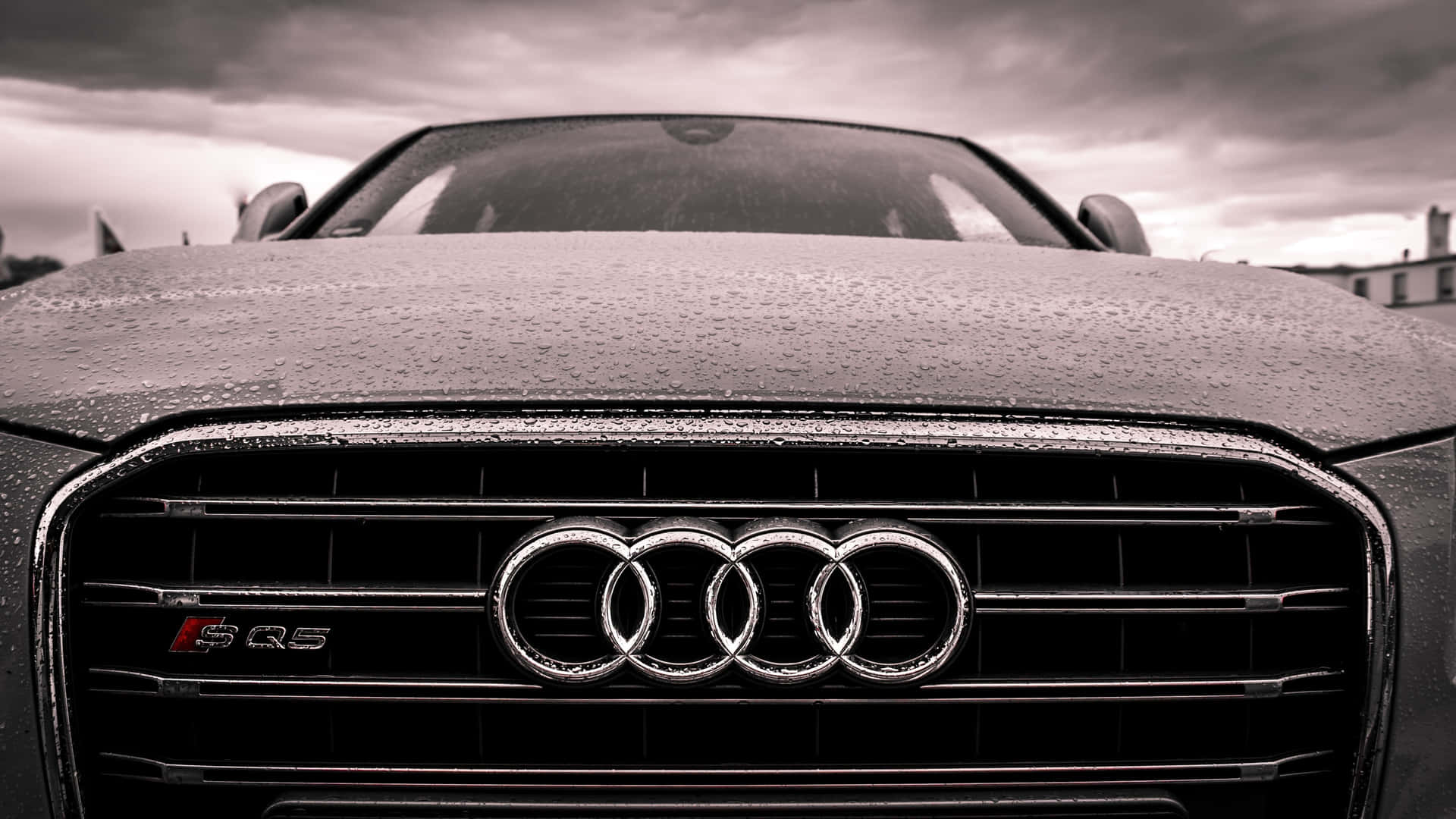  壁紙 — 暴風雨天空下，濕潤的Audi SQ5水箱護罩特寫，引擎蓋上雨滴閃爍。