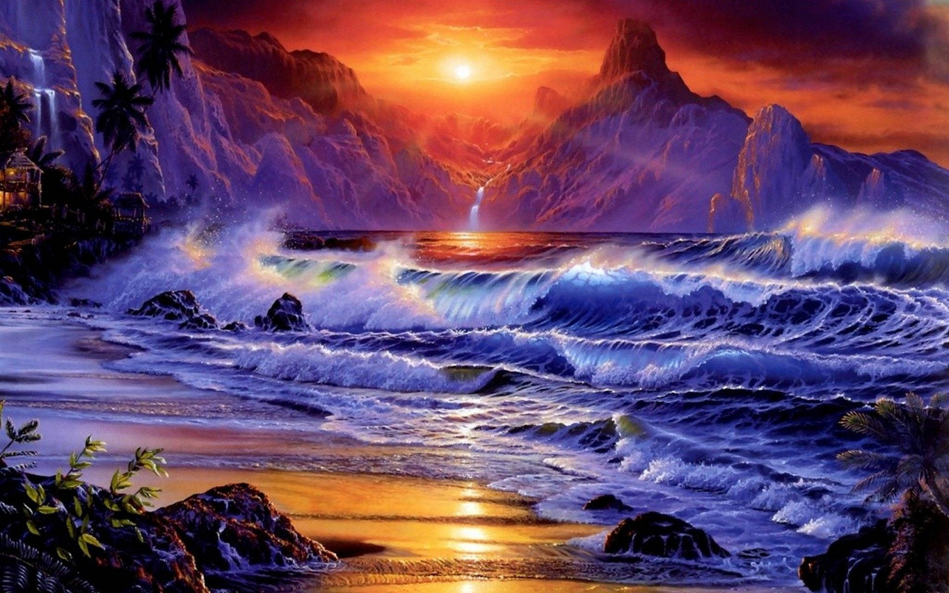 風景 桌布 壁紙 — 暴風雨海洋上的戲劇性日落，破碎的波浪和鋸齒狀的山脈在火熱的橙色和紫色天空下。