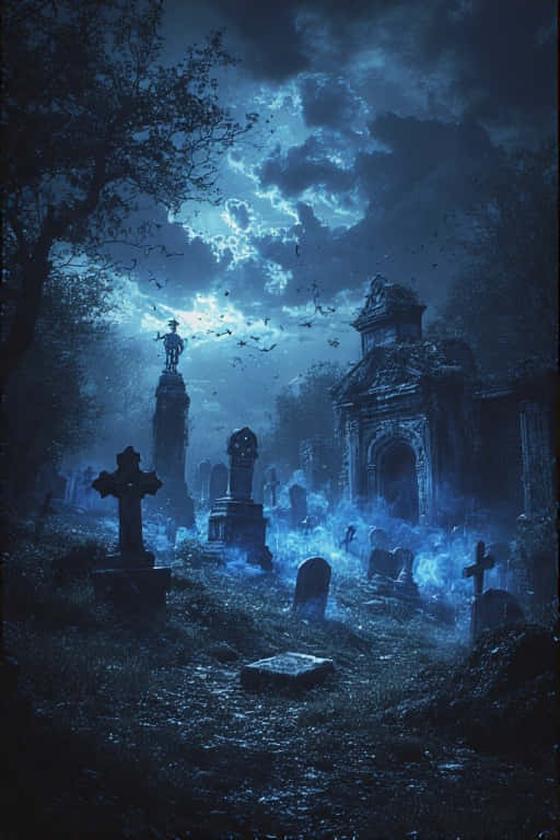 Creepy Graveyard with Skeletons  Halloween 4K 壁紙 — 暴風雨藍月下的鬧鬼墓地，墳墓中升起發光的霧氣，蝙蝠在頭頂飛翔。