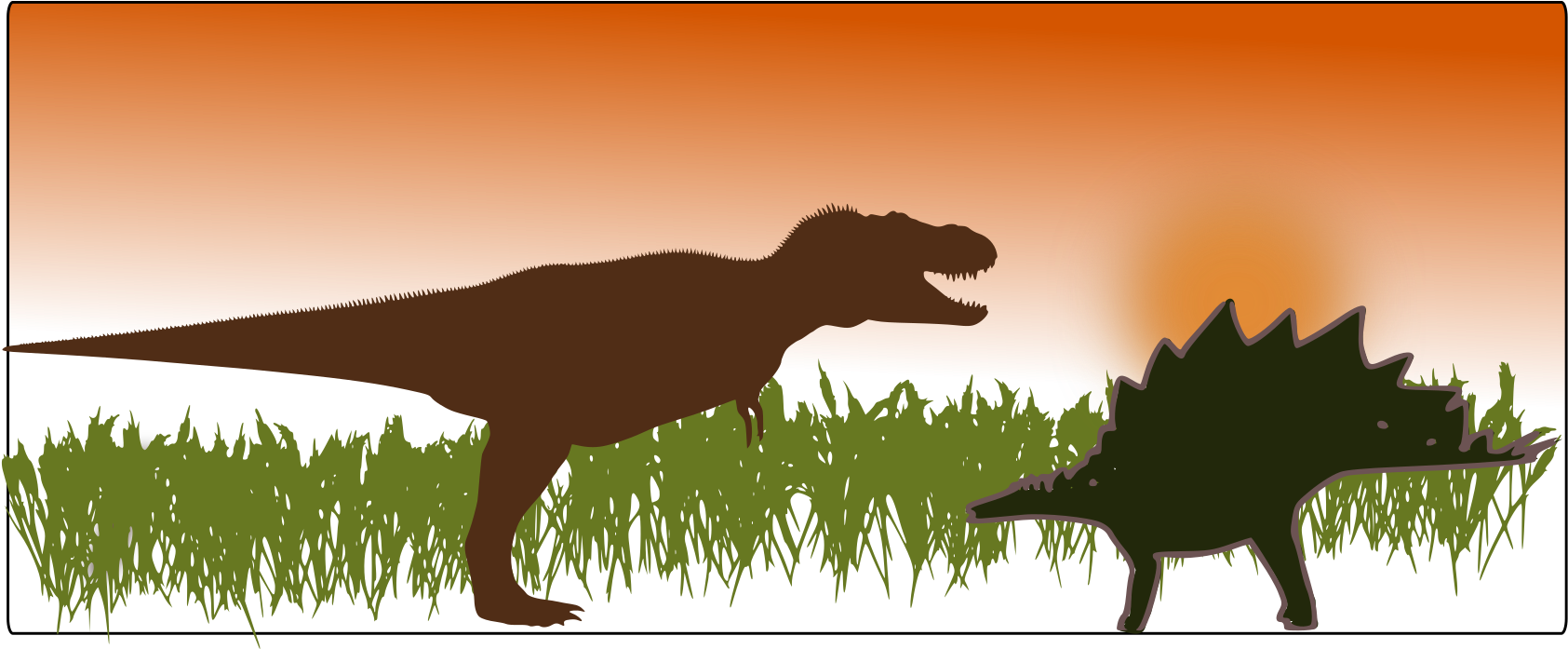 Stegosaurus 桌布 壁紙 — 暴龍和劍龍的剪影站在草地上，襯著火紅的橙色日落天空。