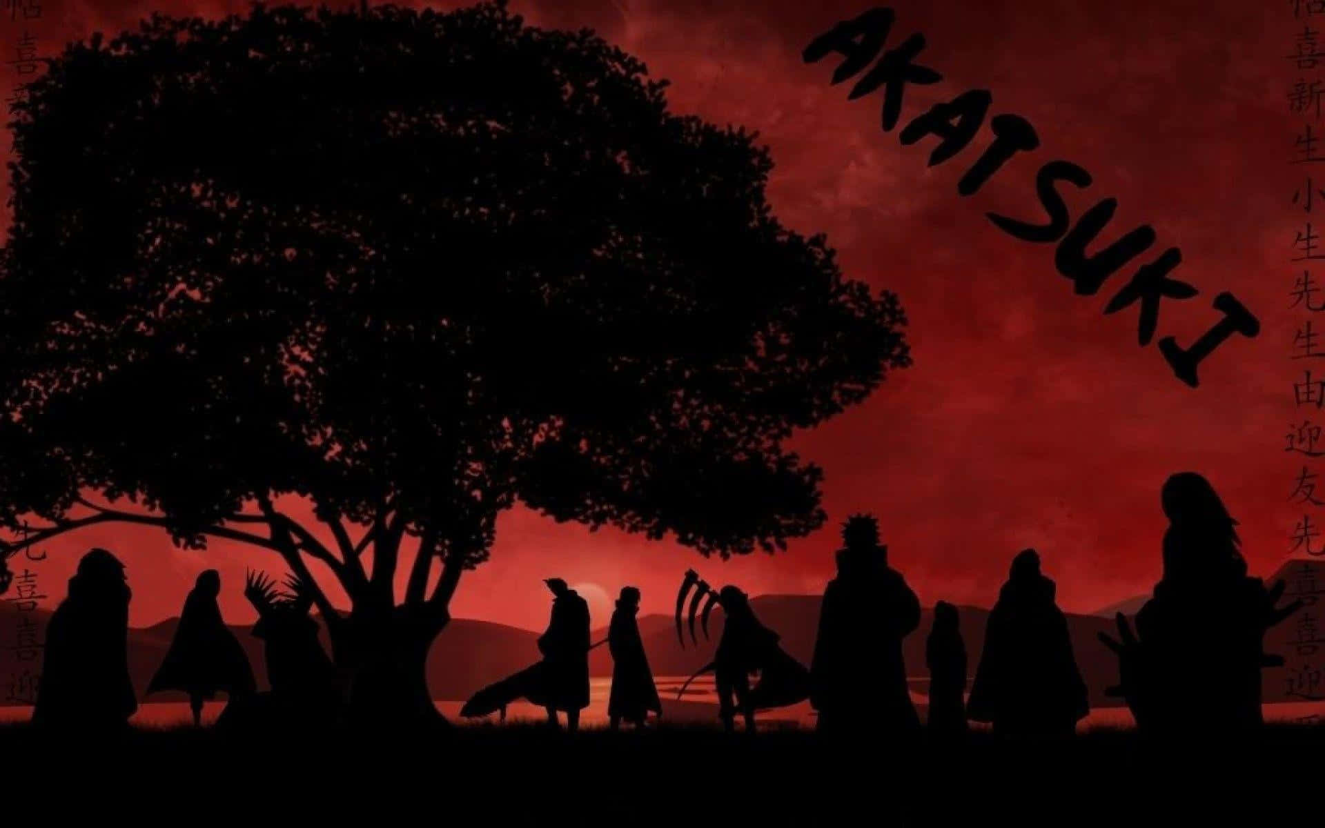 Akatsuki Members 桌布 壁紙 — 曉組織成員的剪影聚集在一棵大樹下，背景是血紅色的天空，並以粗體字寫上組織名稱。