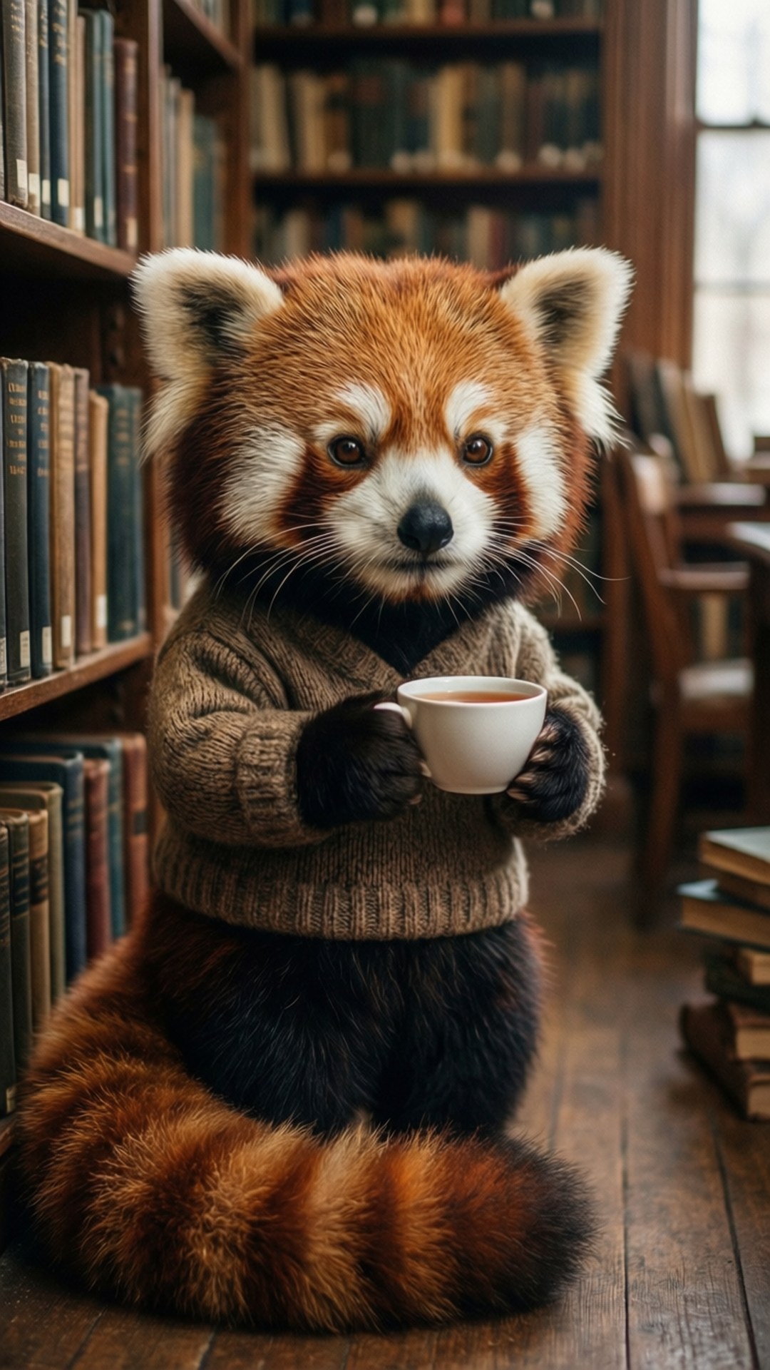 書卷氣小貓熊 壁紙 — 一隻穿著舒適毛衣的小熊貓在溫暖的木質圖書館中，於高聳的書架間拿著茶杯。
