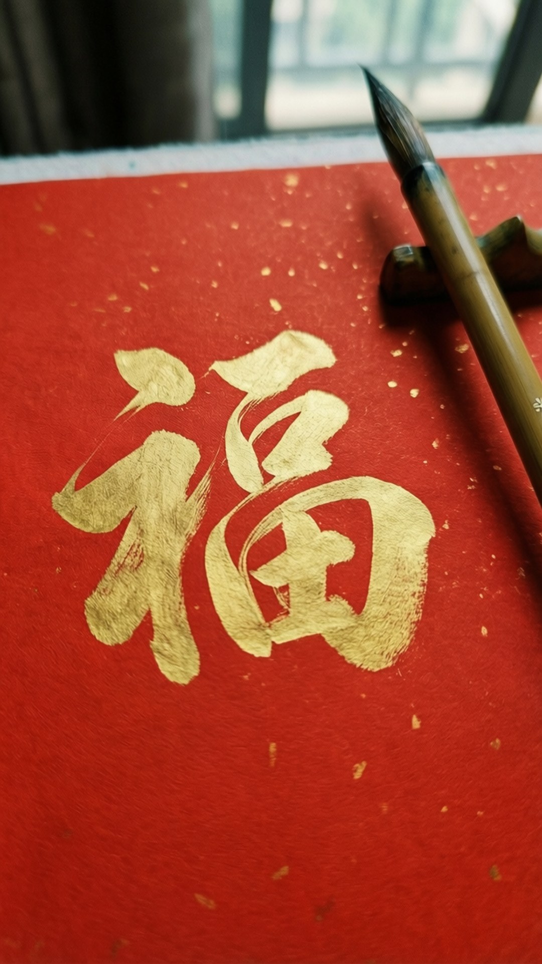 紅紙上優雅的書法福字。