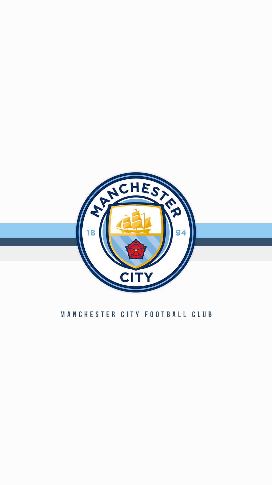 Manchester City iPhone 桌布 壁紙 — 曼徹斯特城足球俱樂部標誌居中於帶有藍色條紋的潔白背景上。
