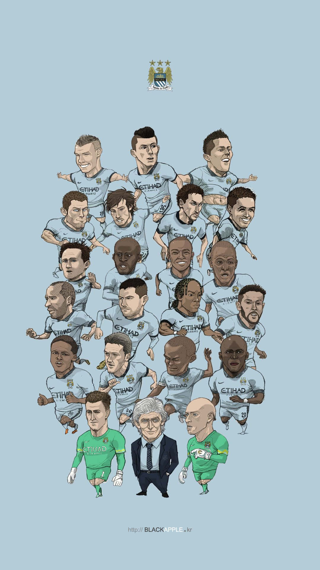 Manchester City iPhone 桌布 壁紙 — 曼徹斯特城足球員以金字塔形排列的風格化插圖，上方有球會徽章。