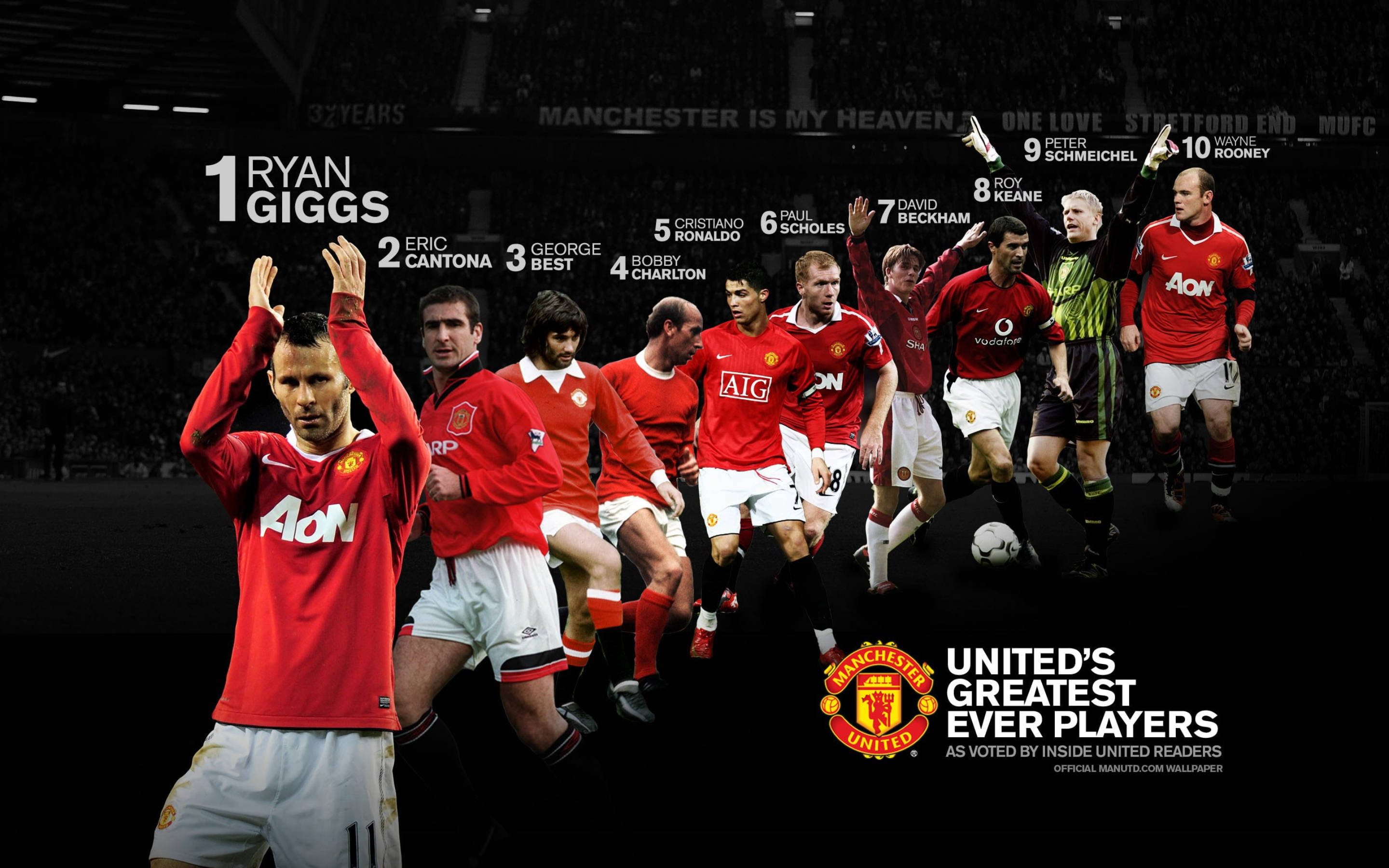 Manchester United Logo 桌布 壁紙 — 曼聯歷史上最偉大球員的動態拼貼畫，身穿紅色球衣，在昏暗的足球場上慶祝。