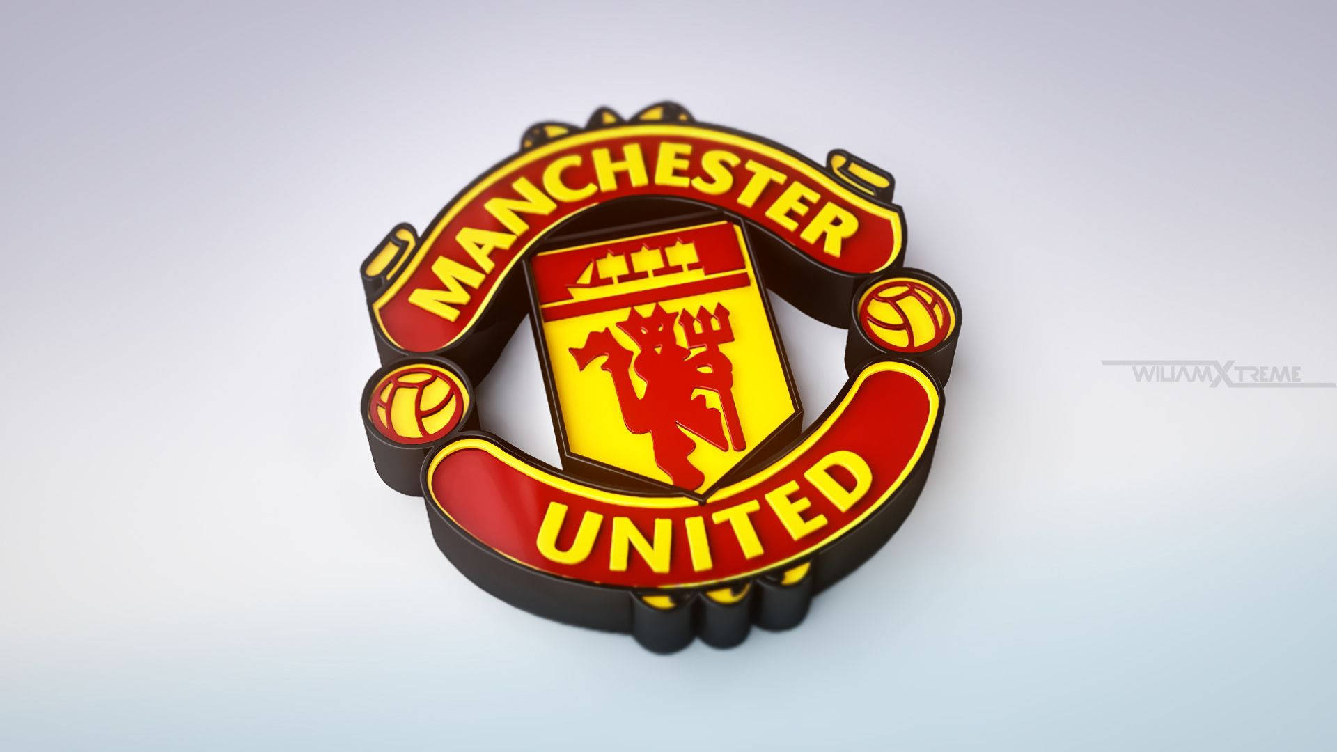 Manchester United Logo 桌布 壁紙 — 曼聯足球俱樂部徽章的3D渲染圖，帶有紅色魔鬼和黃色盾牌，背景為淺色漸變。