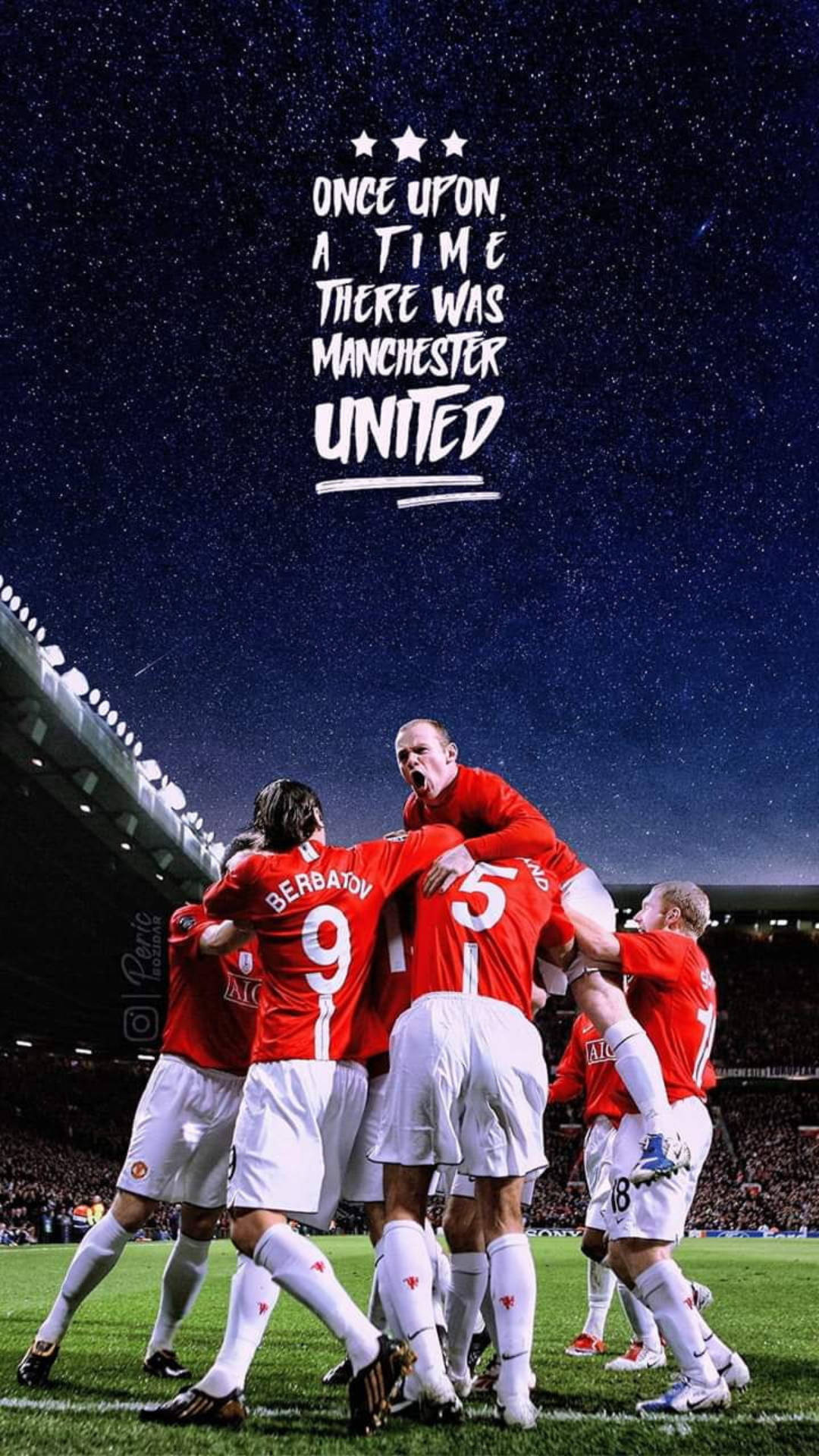 曼聯 桌布 壁紙 — 曼聯足球員在星空下慶祝，上方有文字 'Once Upon a Time There Was Manchester United'。
