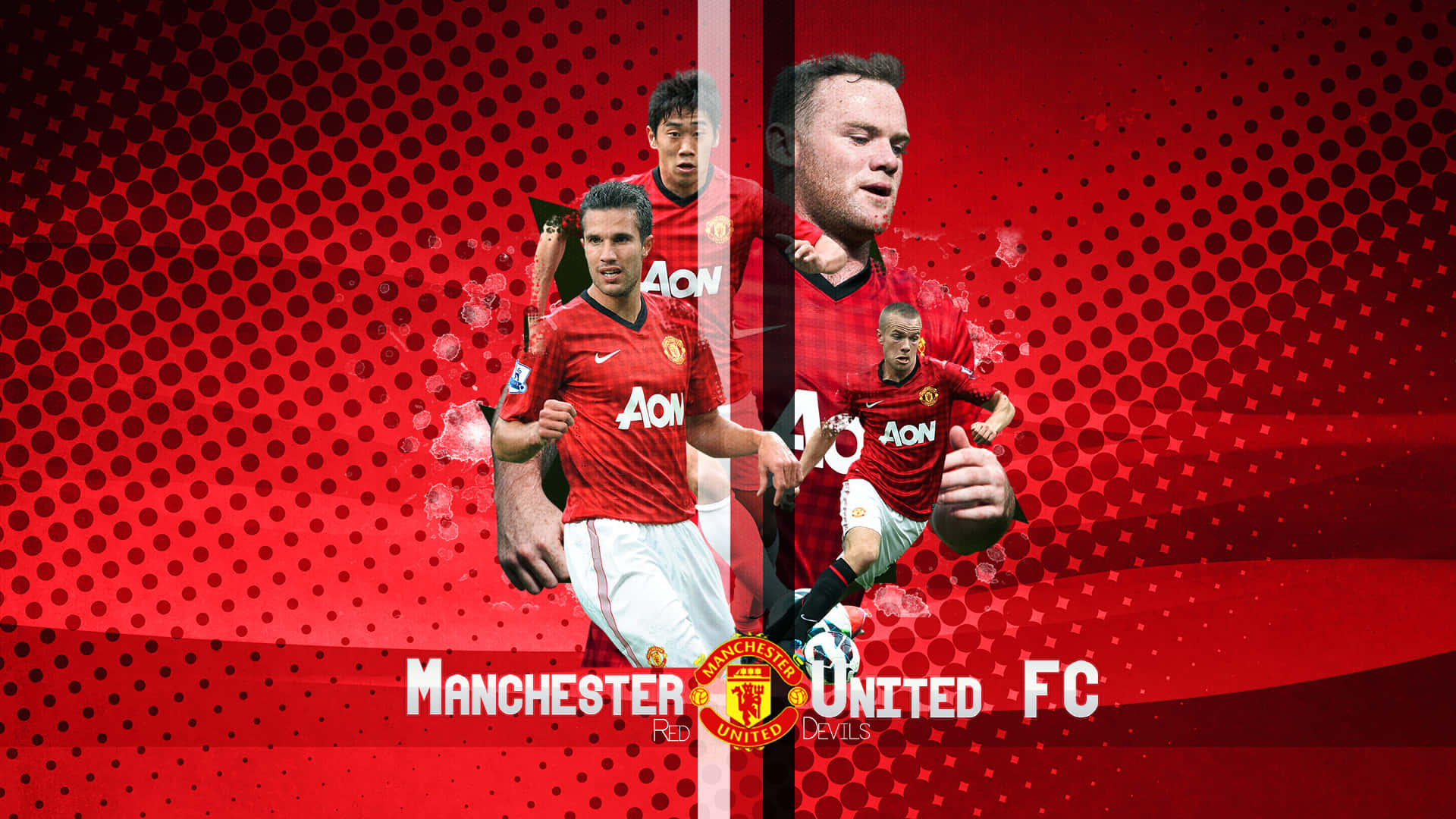 Manchester United Team 桌布 壁紙 — 曼聯足球員身穿紅色球衣，在搶眼的紅色圓點背景上與球隊標誌組成的動態拼貼畫。