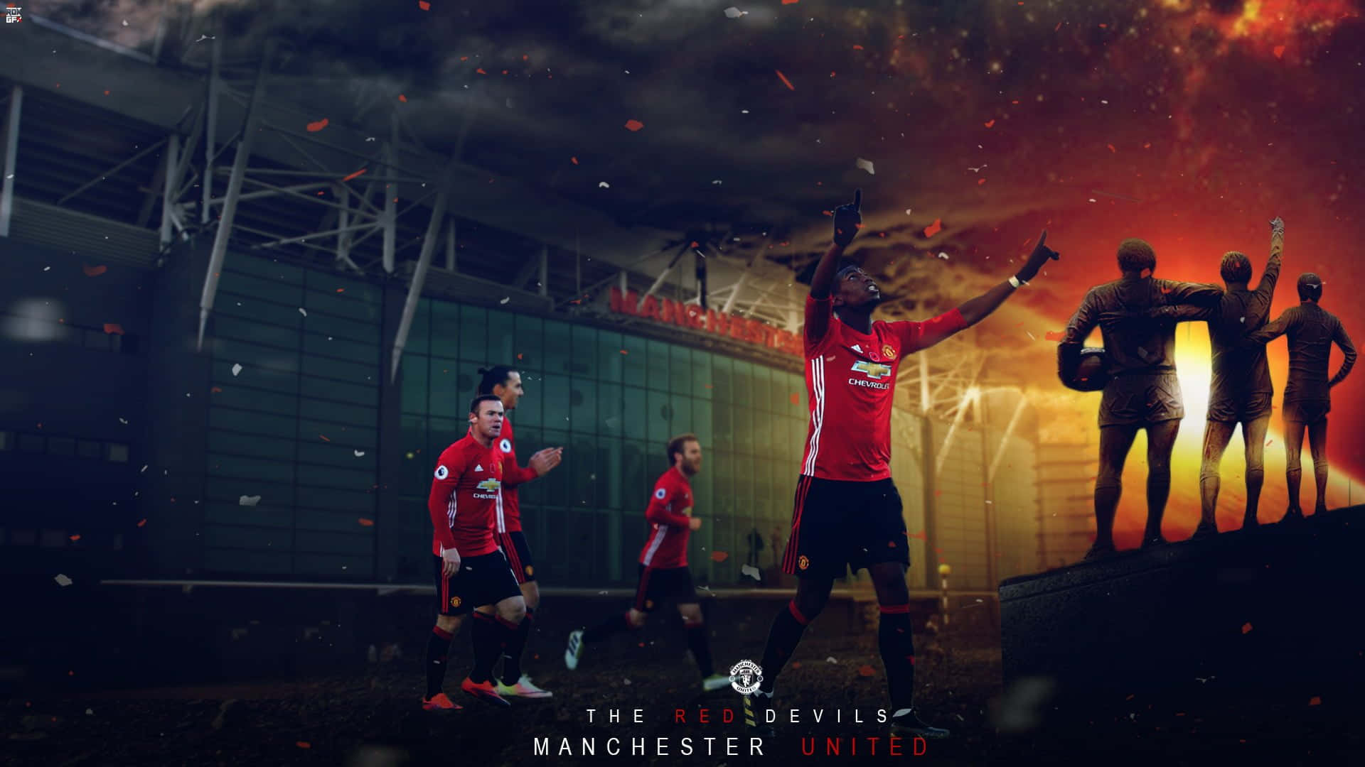 Manchester United Team 桌布 壁紙 — 曼聯足球運動員在熾熱的夕陽天空下，周圍飄落著五彩紙屑，勝利慶祝。